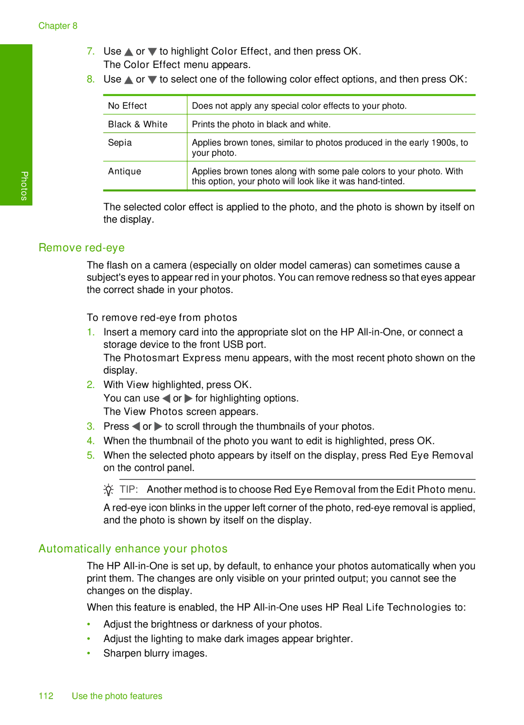 HP C7280, C7250, C7288 manual Remove red-eye, Automatically enhance your photos, To remove red-eye from photos 