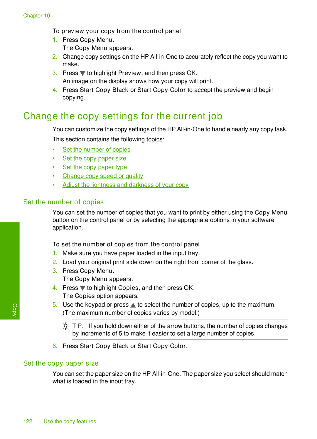 HP C7250, C7288, C7280 manual Change the copy settings for the current job, Set the number of copies, Set the copy paper size 