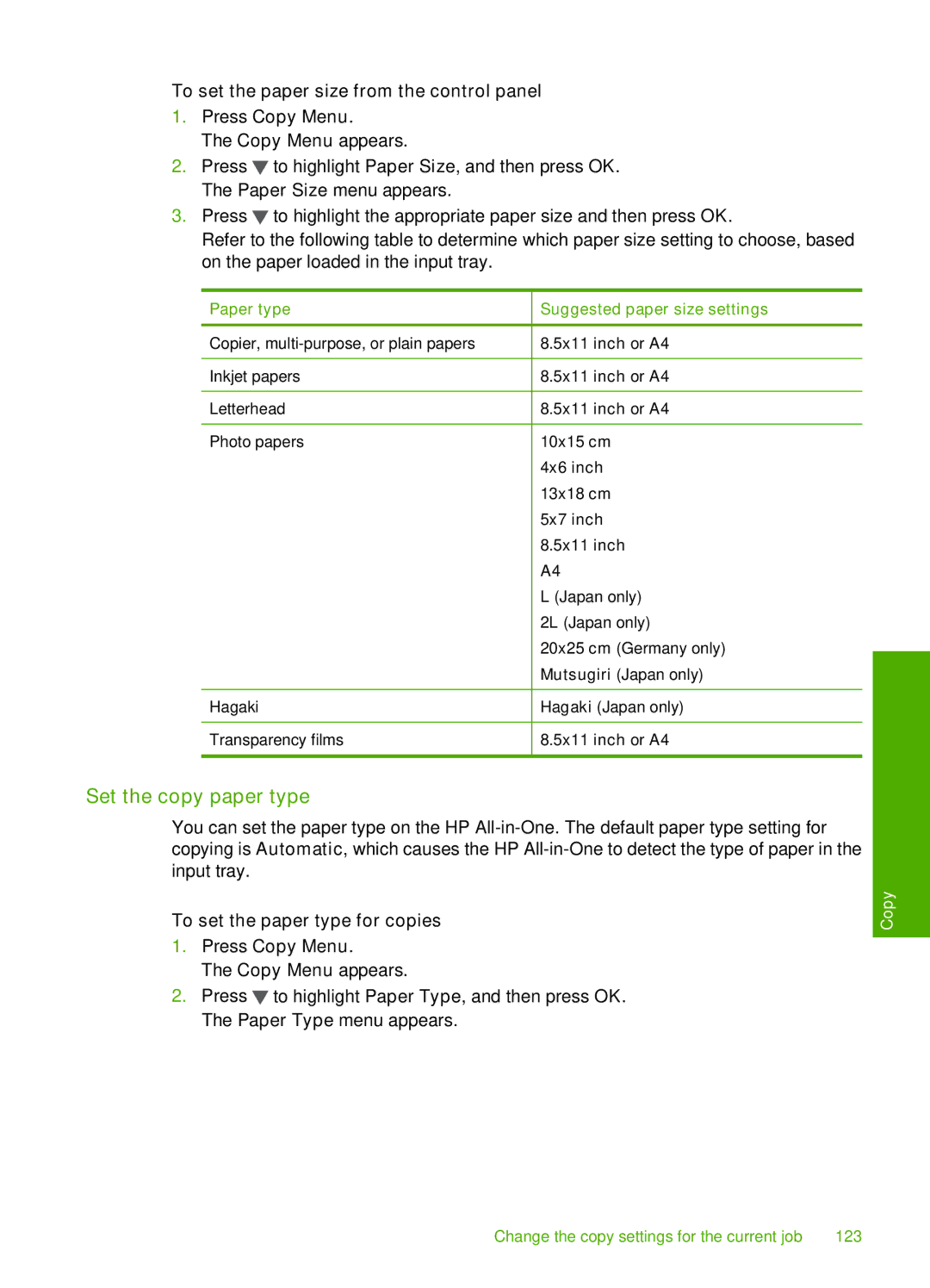 HP C7288, C7250, C7280 manual Set the copy paper type, To set the paper type for copies Press Copy Menu 