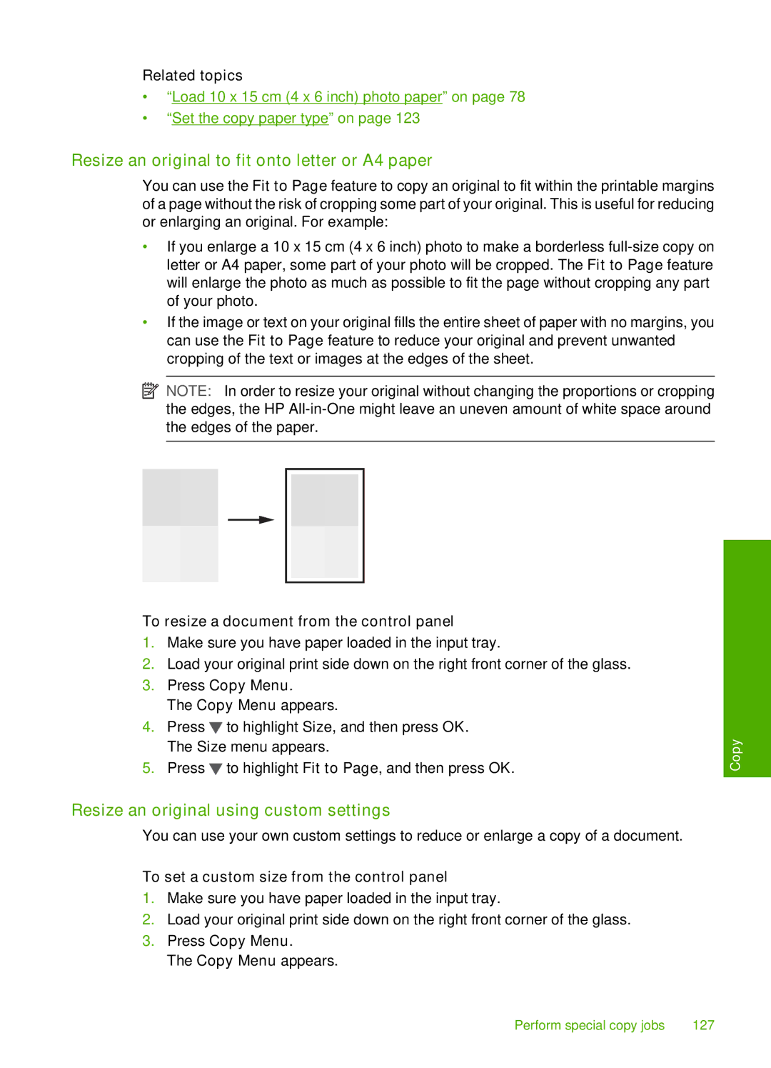 HP C7280, C7250, C7288 manual Resize an original to fit onto letter or A4 paper, Resize an original using custom settings 