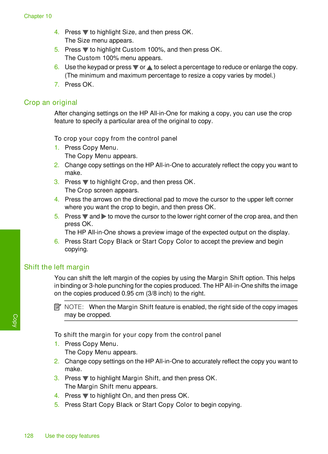 HP C7250, C7288, C7280 Crop an original, Shift the left margin, To crop your copy from the control panel Press Copy Menu 