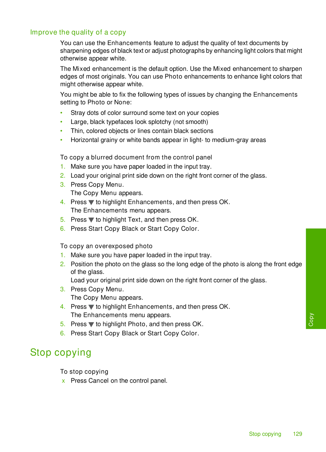 HP C7288 Stop copying, Improve the quality of a copy, To copy a blurred document from the control panel, To stop copying 