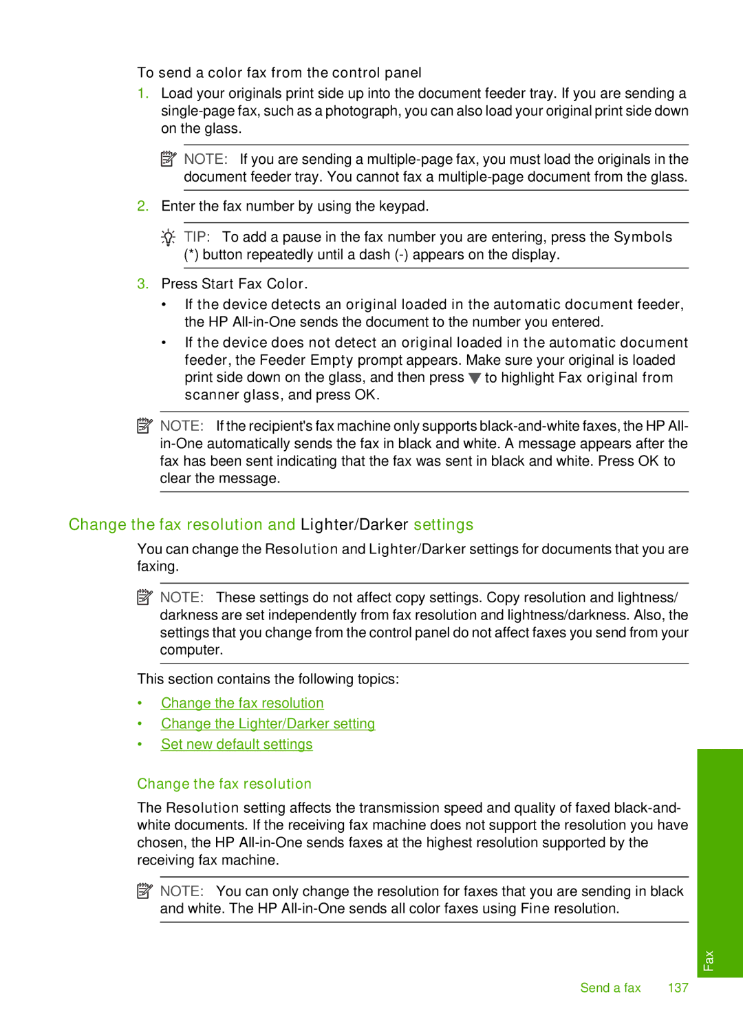 HP C7250, C7288, C7280 Change the fax resolution and Lighter/Darker settings, To send a color fax from the control panel 