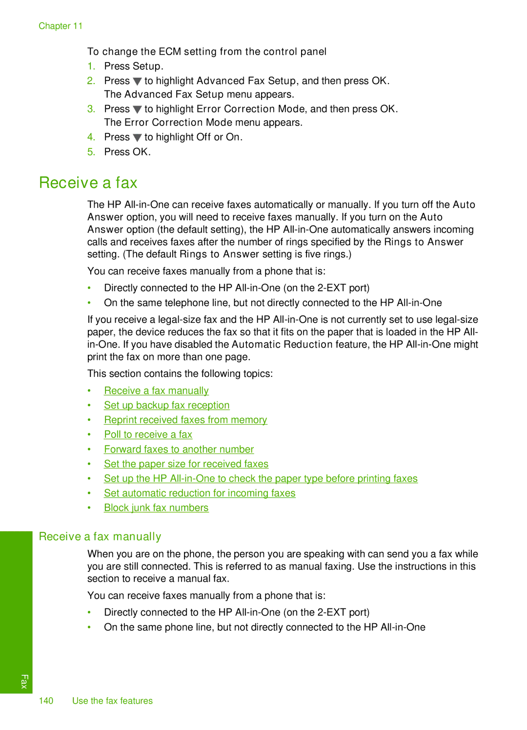 HP C7250, C7288, C7280 Receive a fax manually, To change the ECM setting from the control panel 