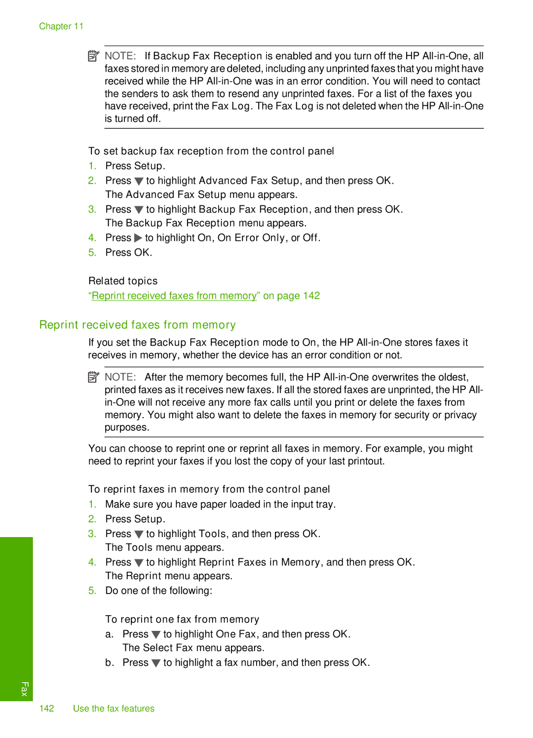 HP C7280, C7250, C7288 manual Reprint received faxes from memory, To set backup fax reception from the control panel 