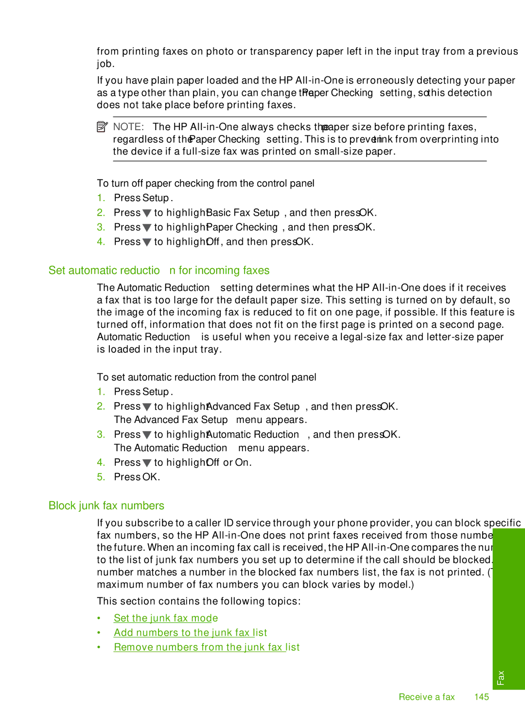HP C7280, C7250, C7288 manual Set automatic reduction for incoming faxes, Block junk fax numbers 