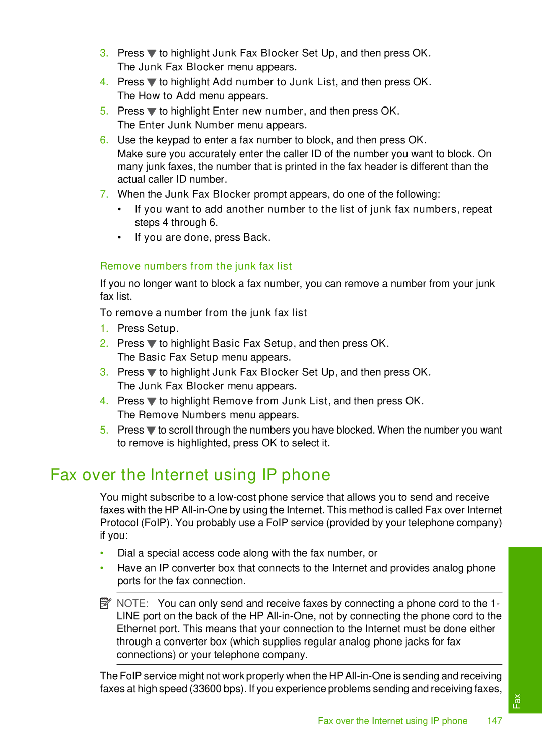 HP C7288, C7250, C7280 manual Fax over the Internet using IP phone, Remove numbers from the junk fax list 