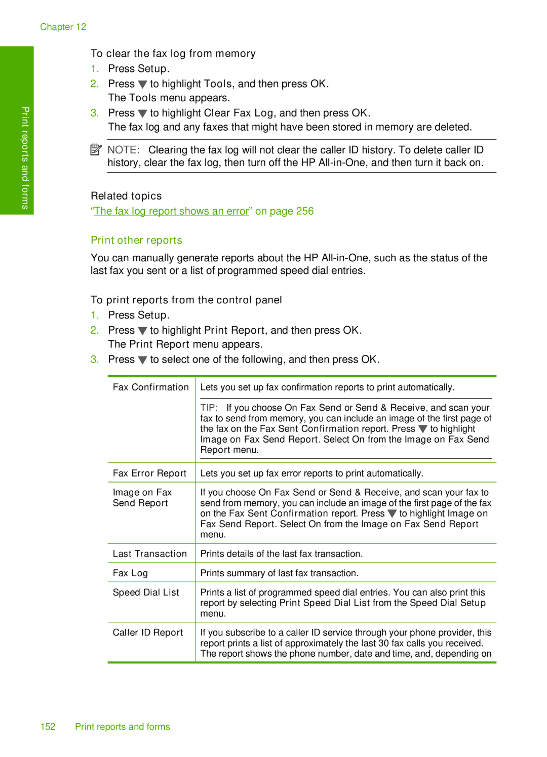 HP C7250, C7288, C7280 manual To clear the fax log from memory, Fax log report shows an error on, Print other reports 