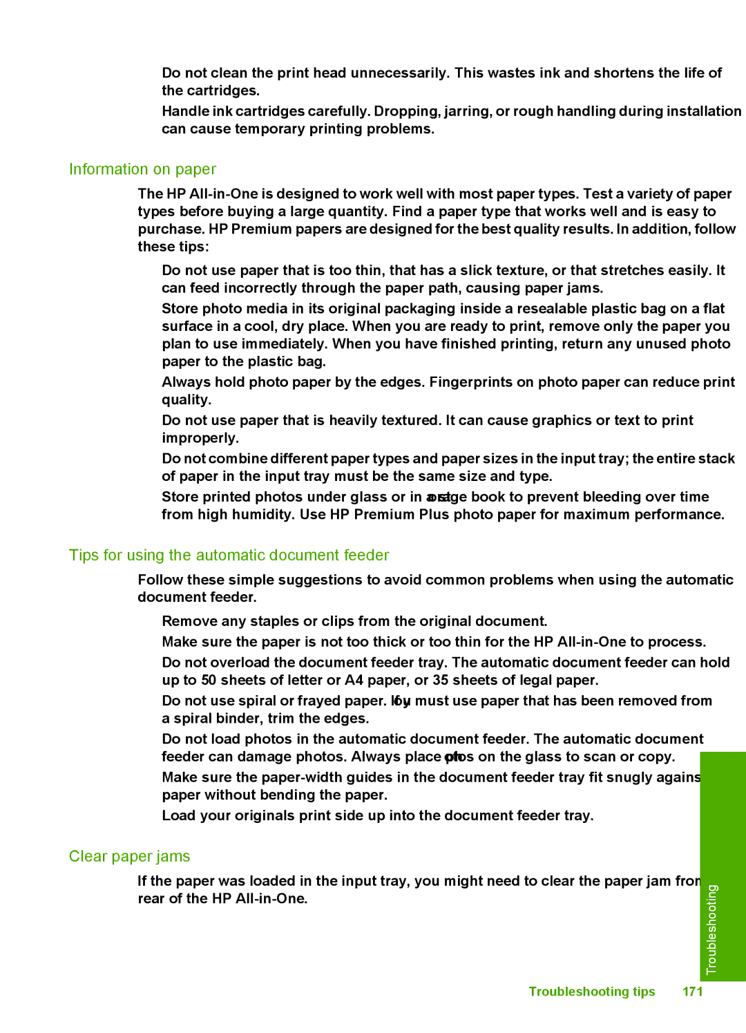 HP C7288, C7250, C7280 manual Information on paper, Tips for using the automatic document feeder, Clear paper jams 