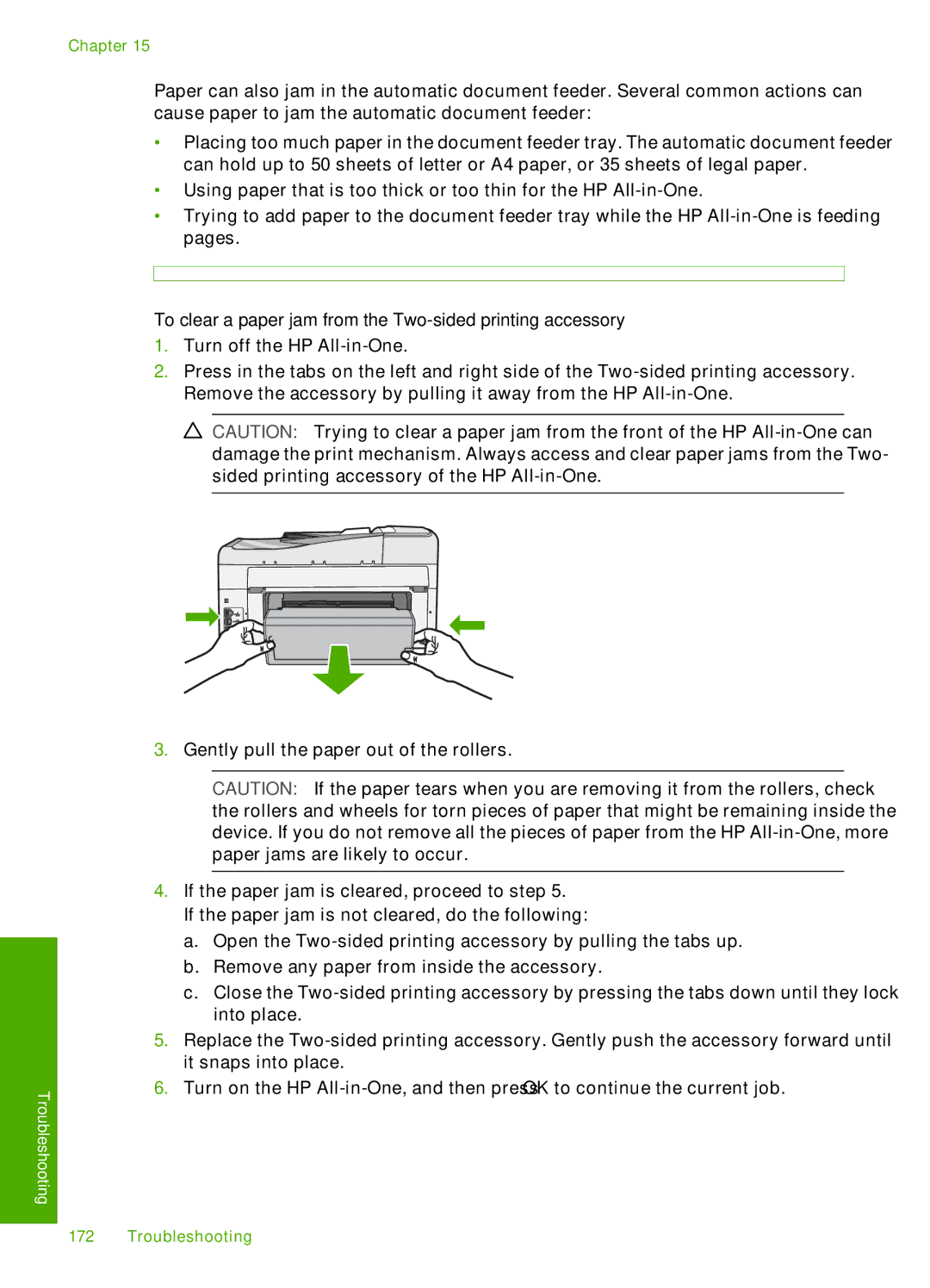 HP C7280, C7250, C7288 manual To clear a paper jam from the Two-sided printing accessory 