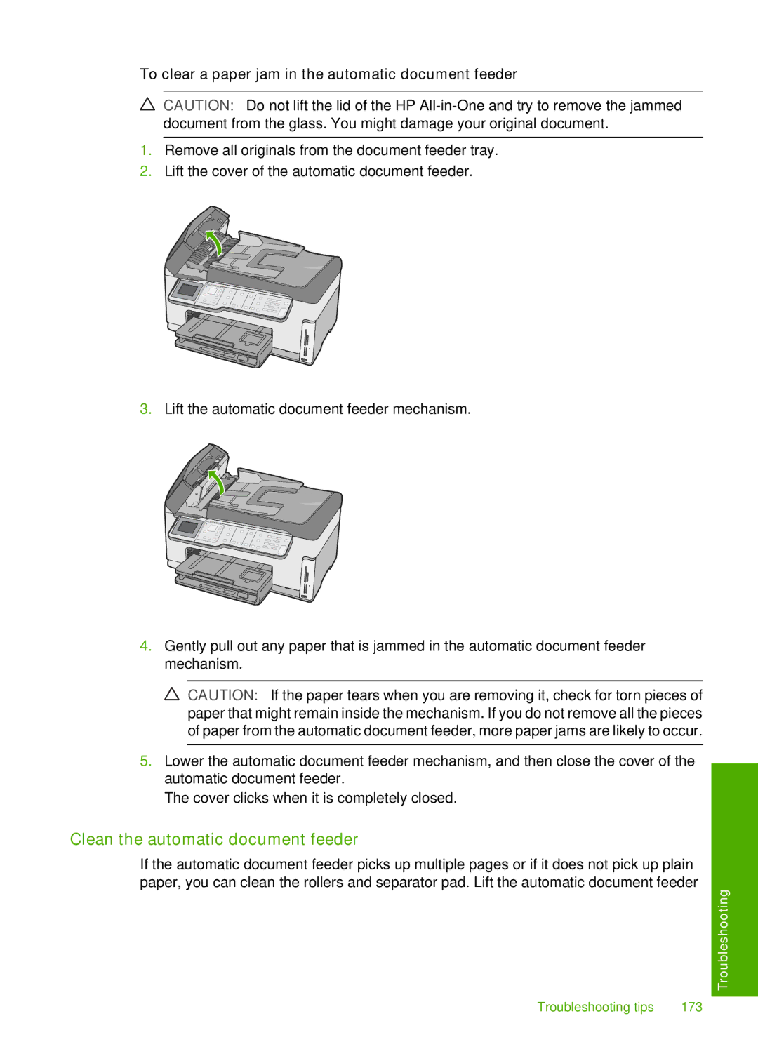 HP C7250, C7288, C7280 manual Clean the automatic document feeder, To clear a paper jam in the automatic document feeder 