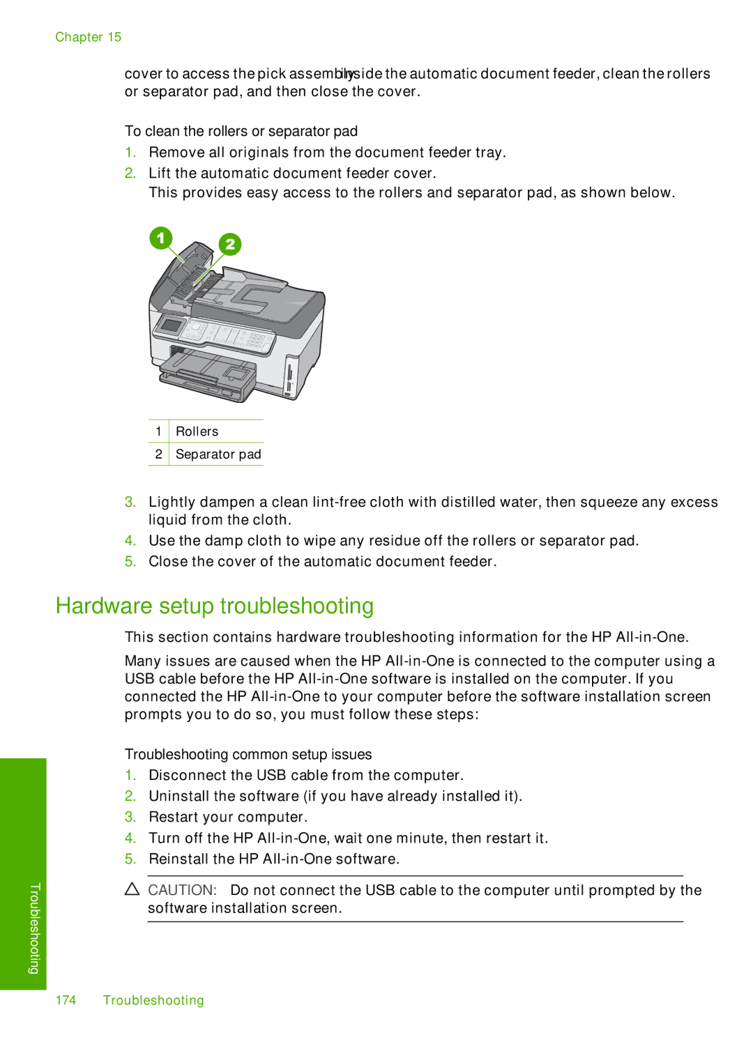 HP C7288, C7250 Hardware setup troubleshooting, To clean the rollers or separator pad, Troubleshooting common setup issues 