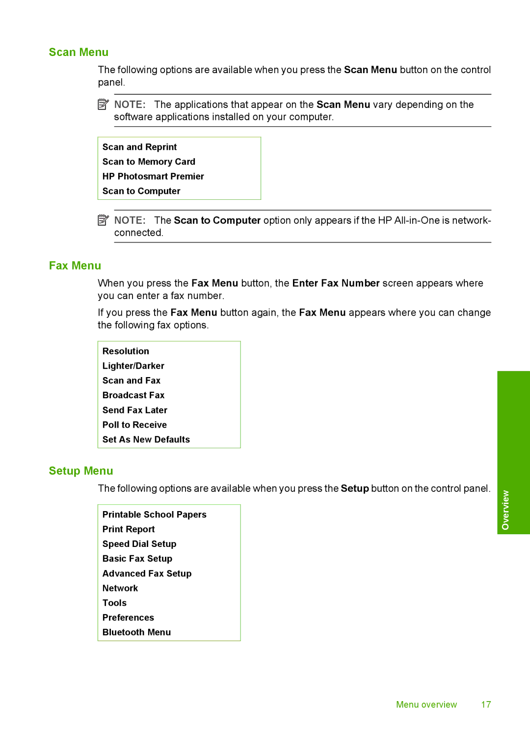 HP C7250, C7288, C7280 manual Scan Menu, Fax Menu, Setup Menu 