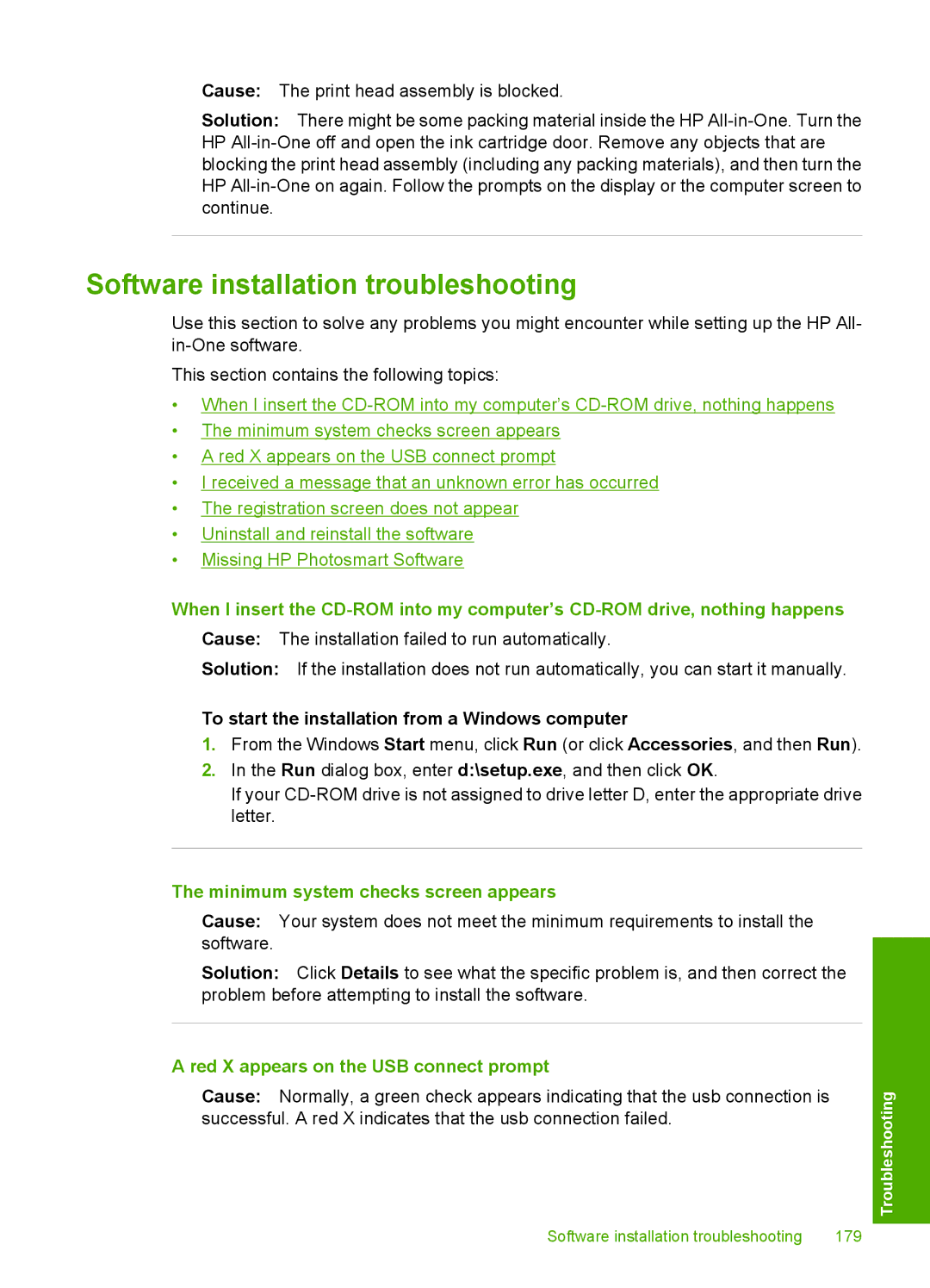 HP C7250, C7288, C7280 manual Software installation troubleshooting, To start the installation from a Windows computer 