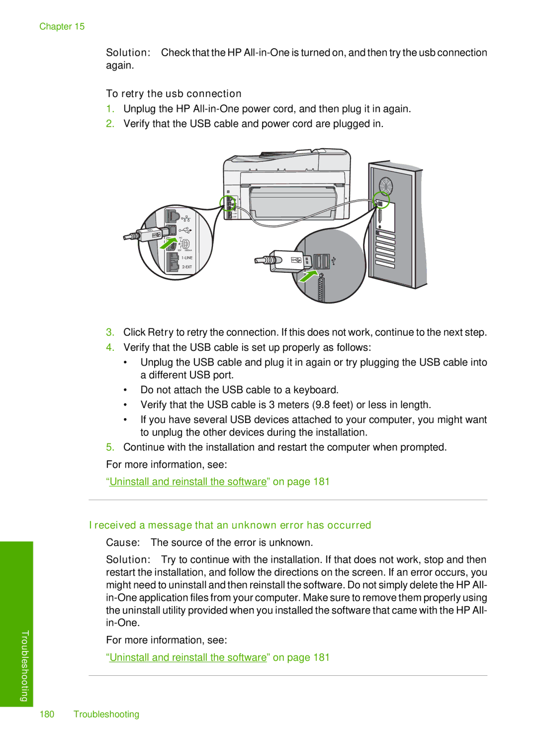 HP C7288, C7250, C7280 manual To retry the usb connection, Received a message that an unknown error has occurred 