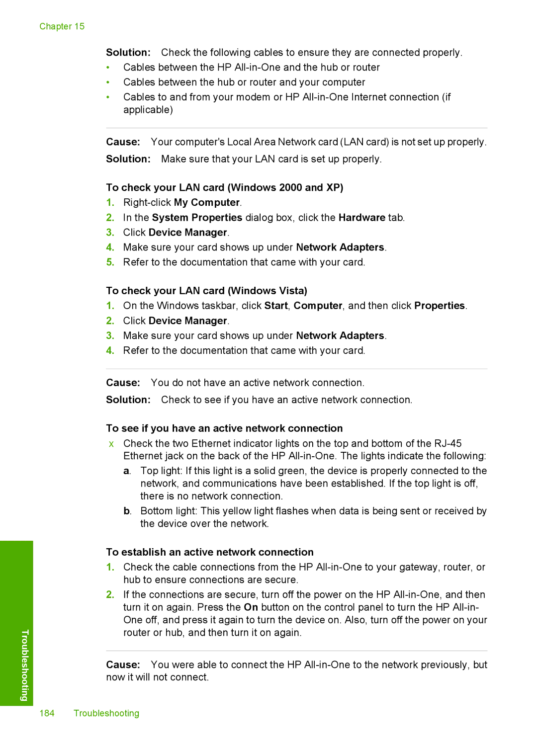 HP C7280, C7250 To check your LAN card Windows 2000 and XP, Click Device Manager, To check your LAN card Windows Vista 