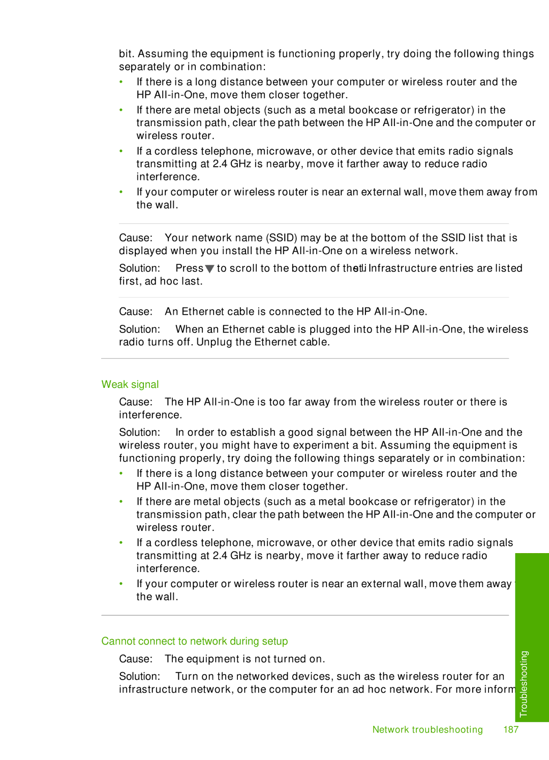 HP C7280, C7250, C7288 manual Weak signal, Cannot connect to network during setup 