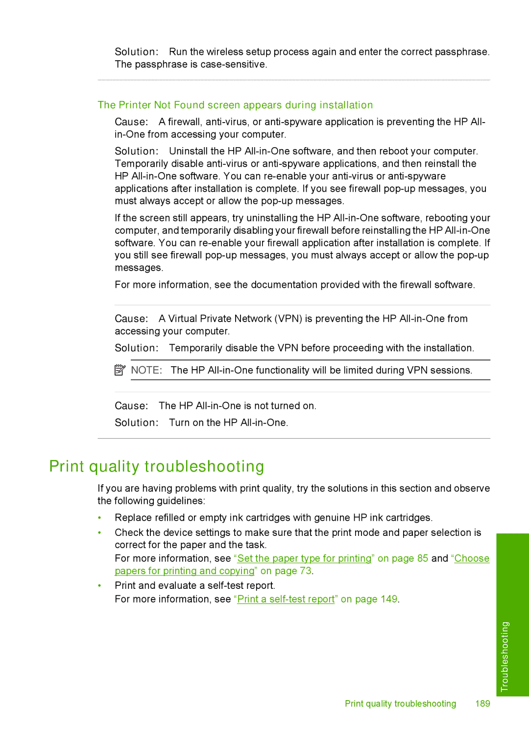 HP C7288, C7250, C7280 manual Print quality troubleshooting, Printer Not Found screen appears during installation 