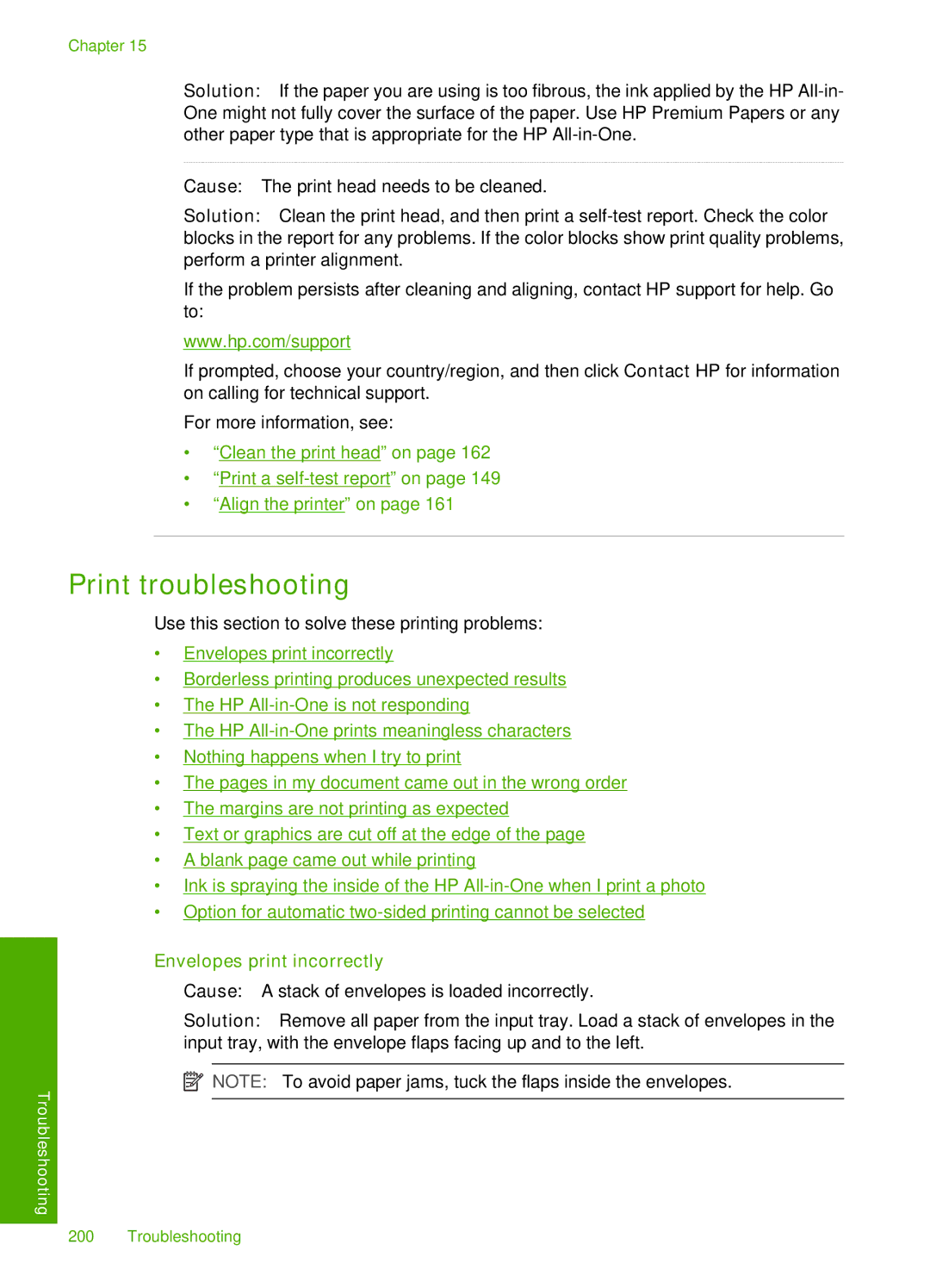 HP C7250, C7288, C7280 manual Print troubleshooting, Envelopes print incorrectly 