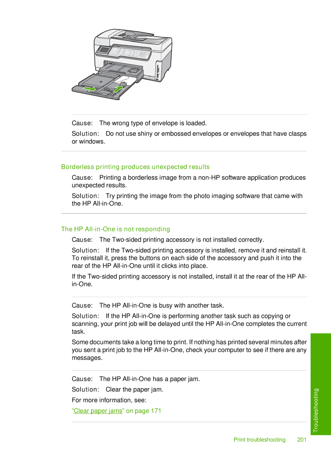 HP C7288, C7250, C7280 manual Borderless printing produces unexpected results, HP All-in-One is not responding 