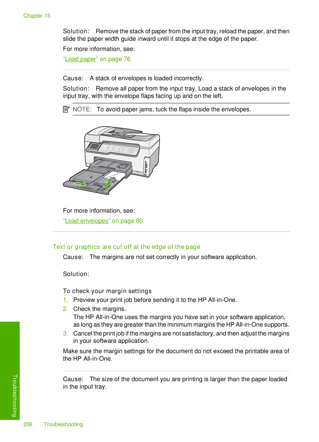 HP C7250, C7288, C7280 manual Load envelopes on, Text or graphics are cut off at the edge 