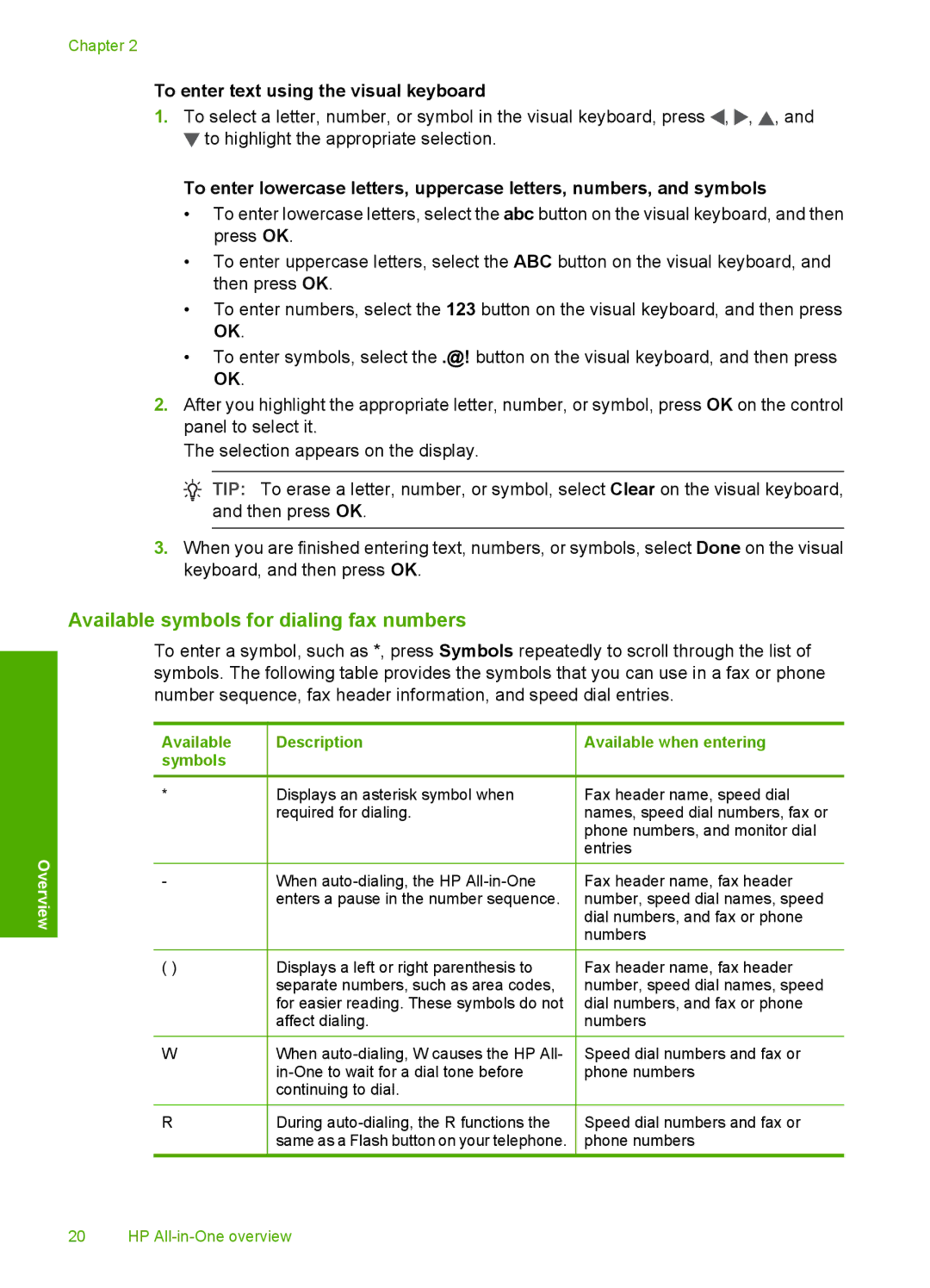 HP C7250, C7288, C7280 manual Available symbols for dialing fax numbers, To enter text using the visual keyboard 