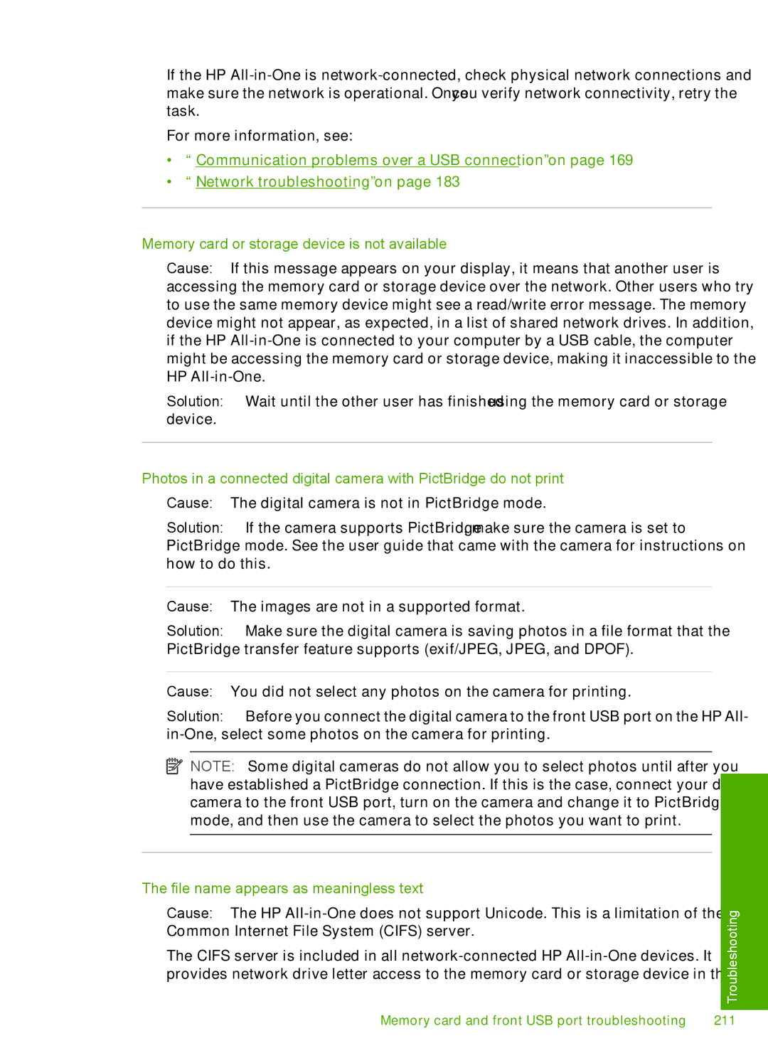 HP C7280, C7250, C7288 manual Memory card or storage device is not available, File name appears as meaningless text 