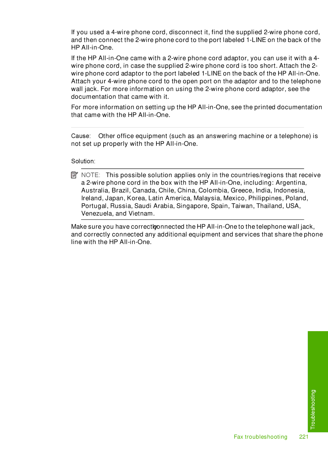 HP C7250, C7288, C7280 manual Fax troubleshooting 221 