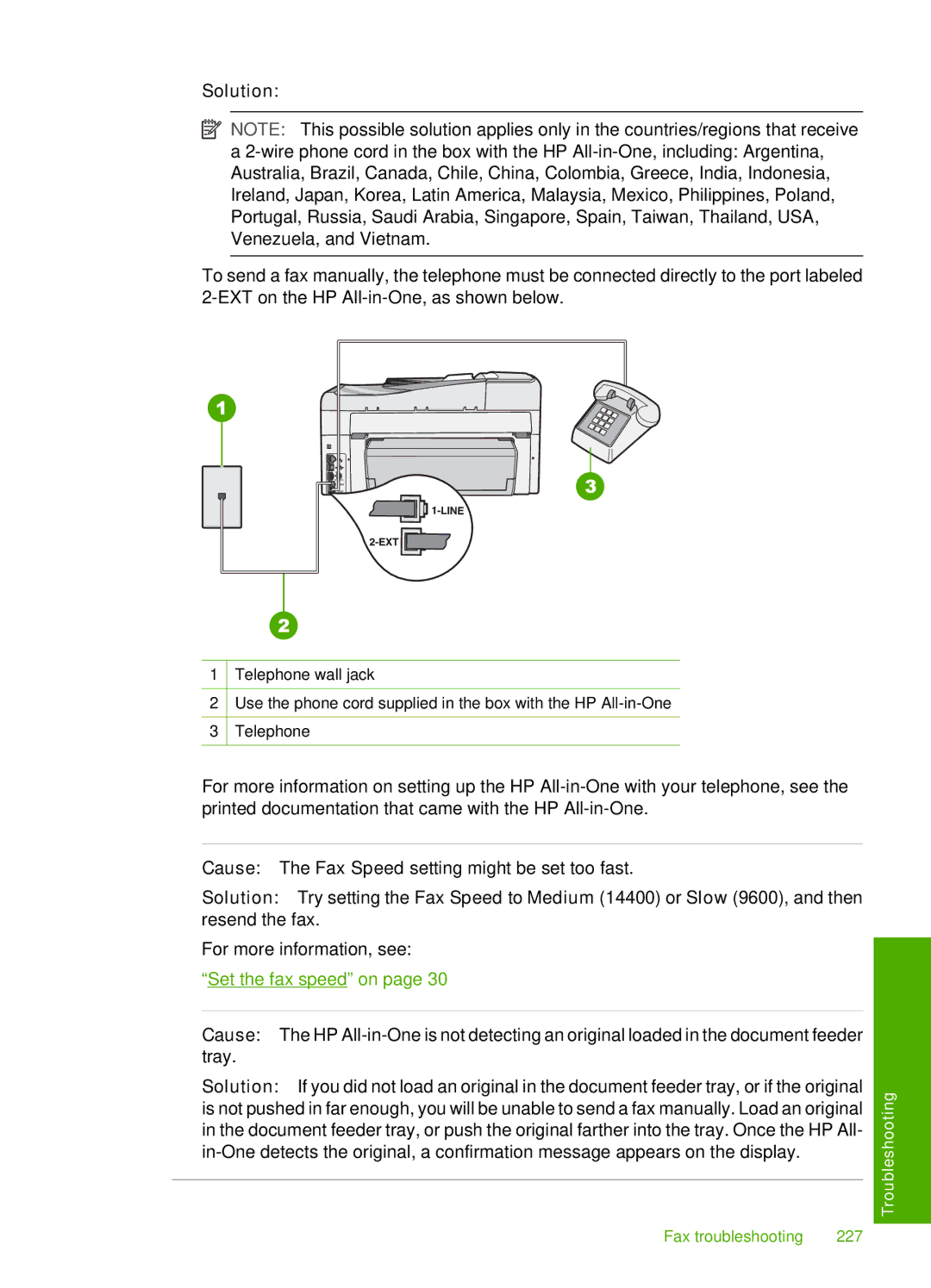 HP C7250, C7288, C7280 manual Fax troubleshooting 227 