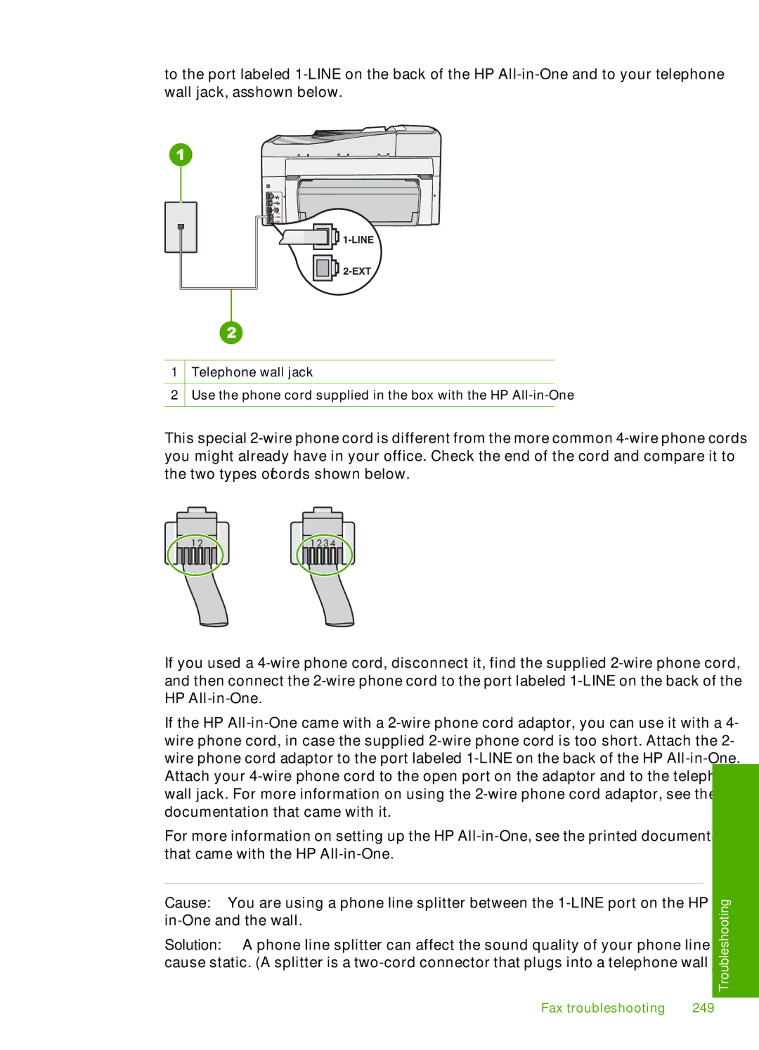 HP C7288, C7250, C7280 manual Fax troubleshooting 249 