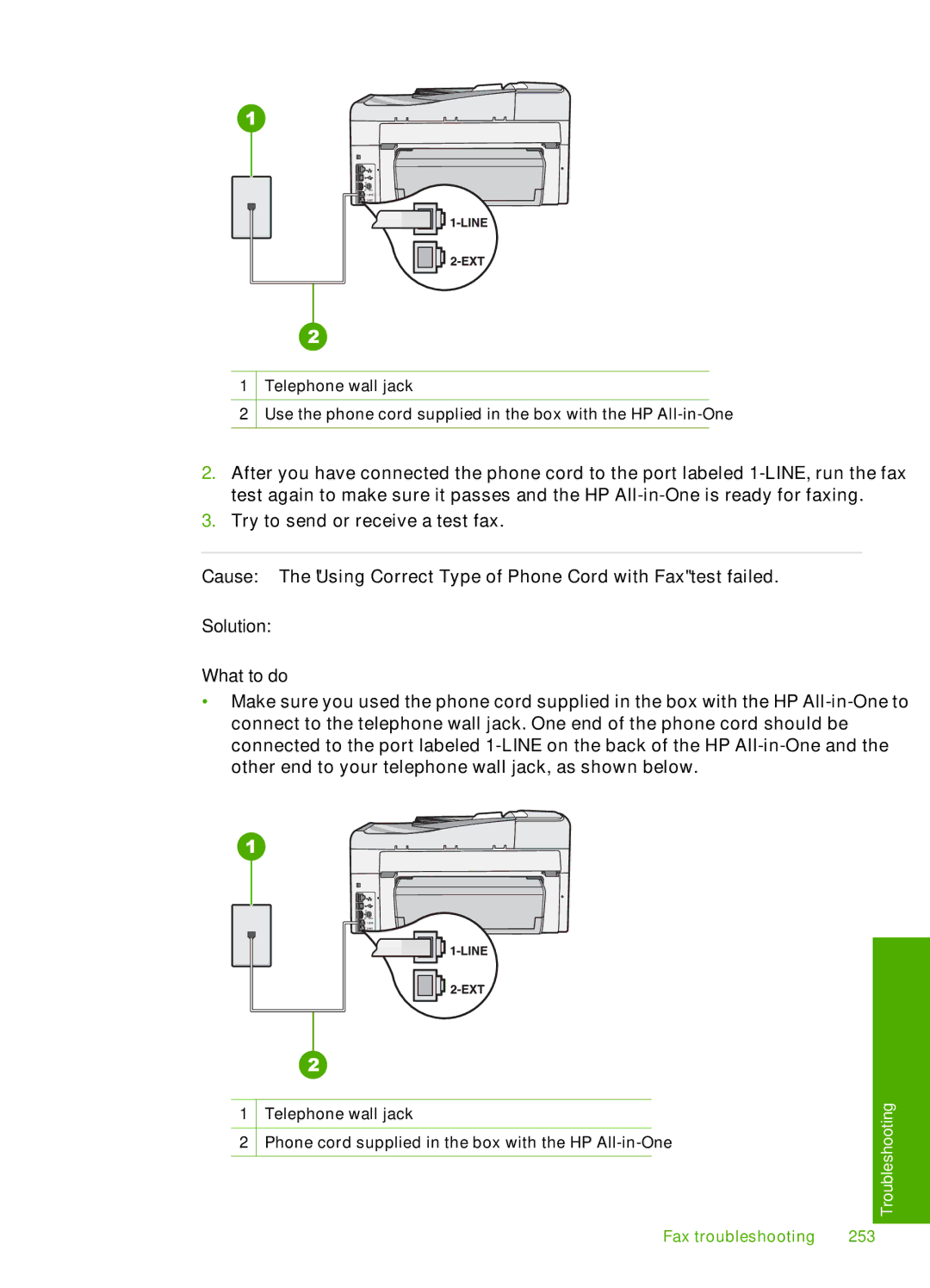 HP C7280, C7250, C7288 manual Fax troubleshooting 253 