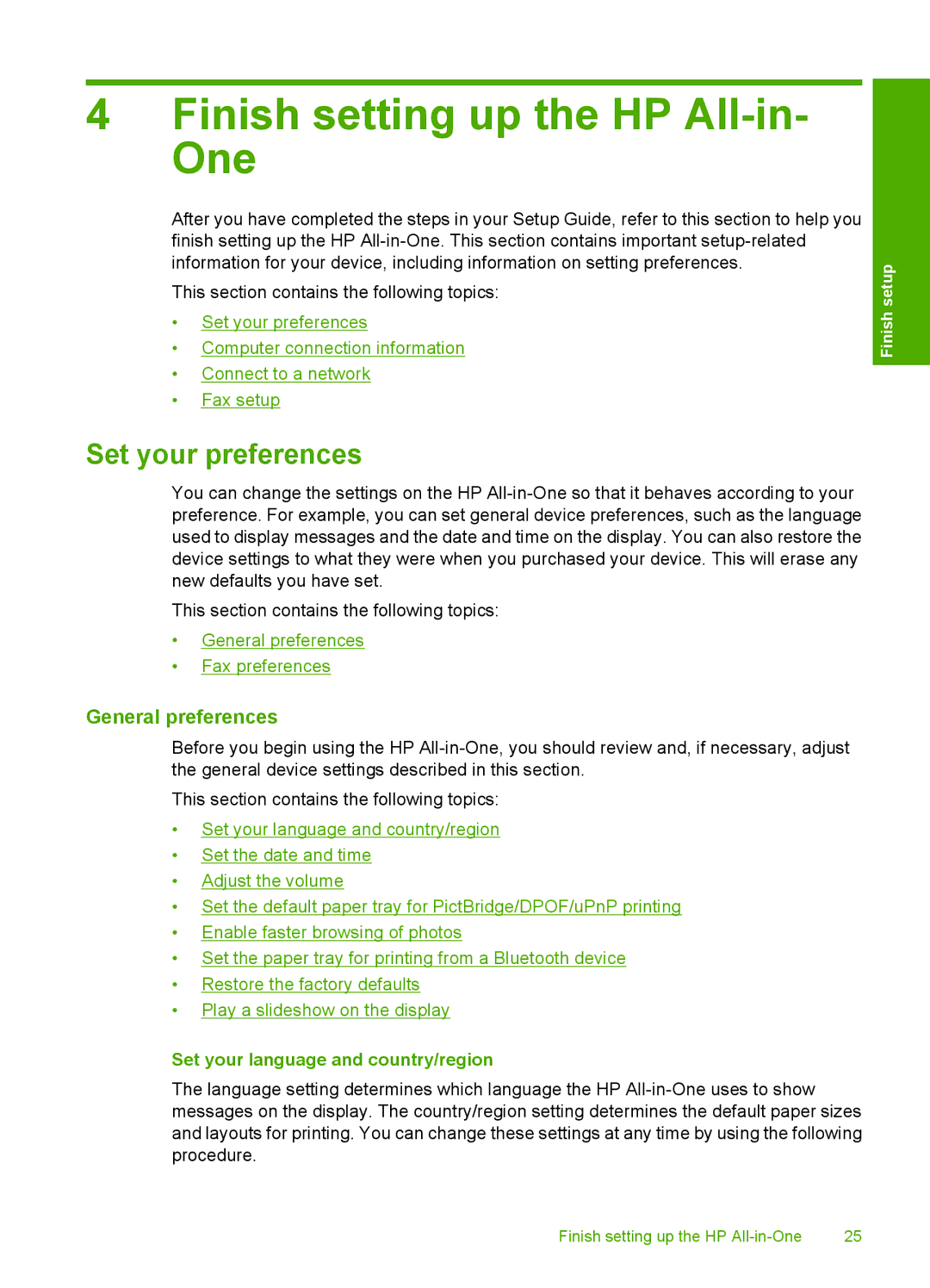 HP C7280, C7250, C7288 manual Finish setting up the HP All-in- One, Set your preferences, General preferences 