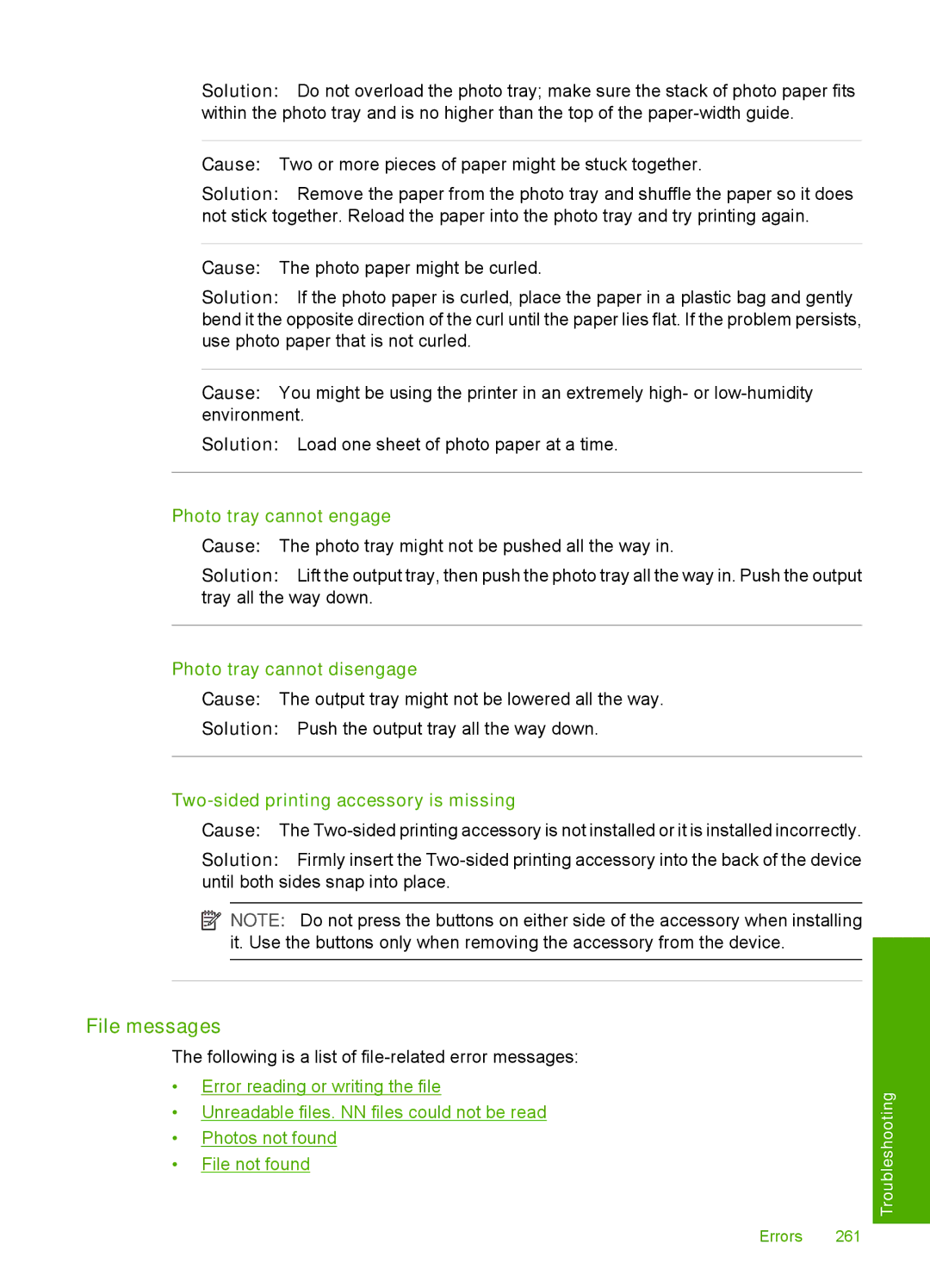 HP C7288 File messages, Photo tray cannot engage, Photo tray cannot disengage, Two-sided printing accessory is missing 