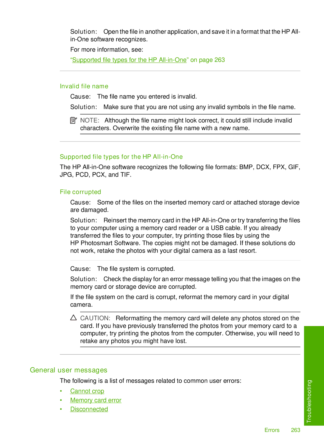 HP C7250, C7288, C7280 General user messages, Invalid file name, Supported file types for the HP All-in-One, File corrupted 