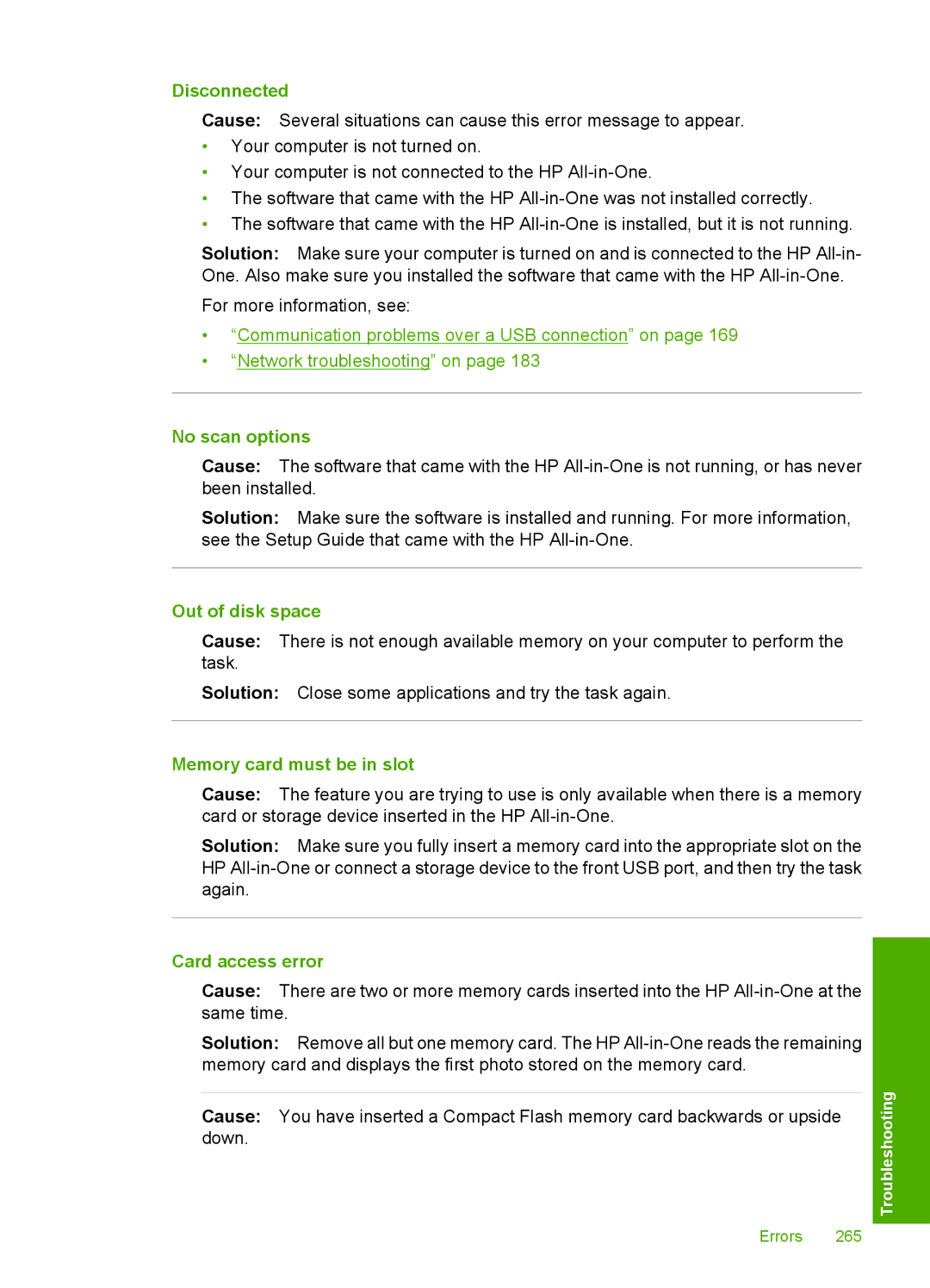 HP C7280, C7250, C7288 Disconnected, No scan options, Out of disk space, Memory card must be in slot, Card access error 