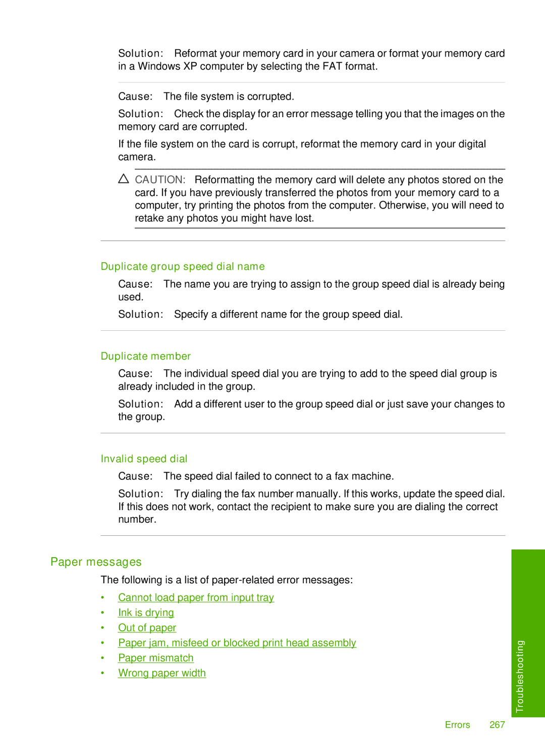HP C7288, C7250, C7280 manual Paper messages, Duplicate group speed dial name, Duplicate member, Invalid speed dial 