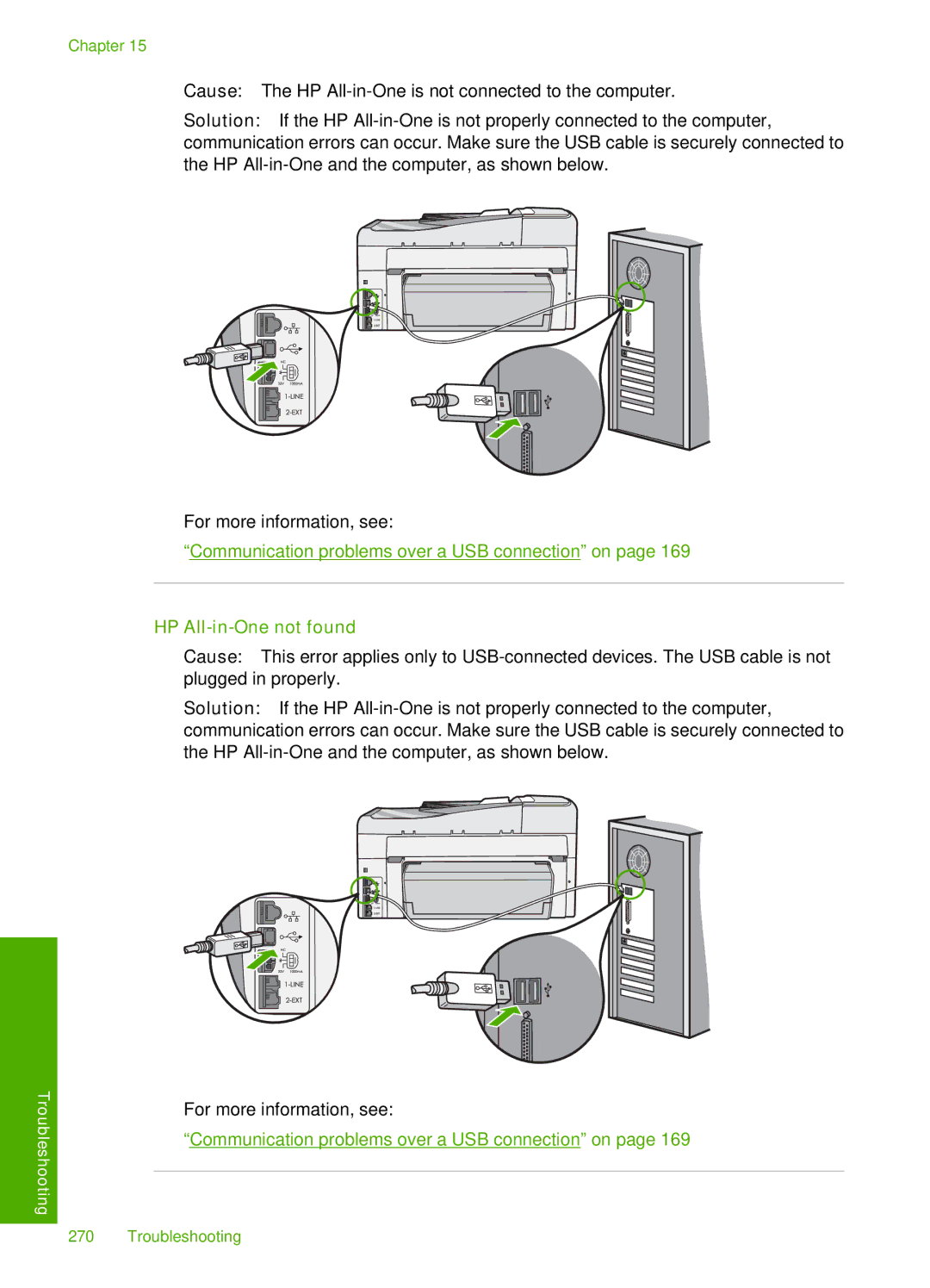 HP C7288, C7250, C7280 manual Communication problems over a USB connection on, HP All-in-One not found 