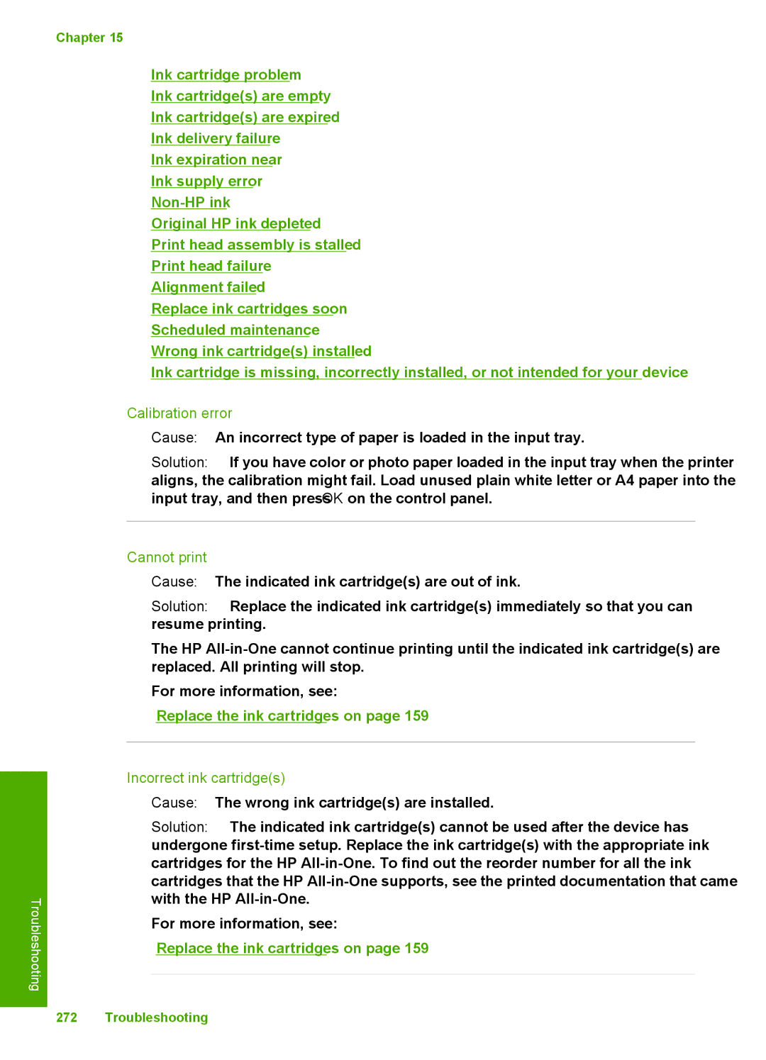 HP C7250, C7288, C7280 manual Calibration error, Cannot print, Replace the ink cartridges on, Incorrect ink cartridges 