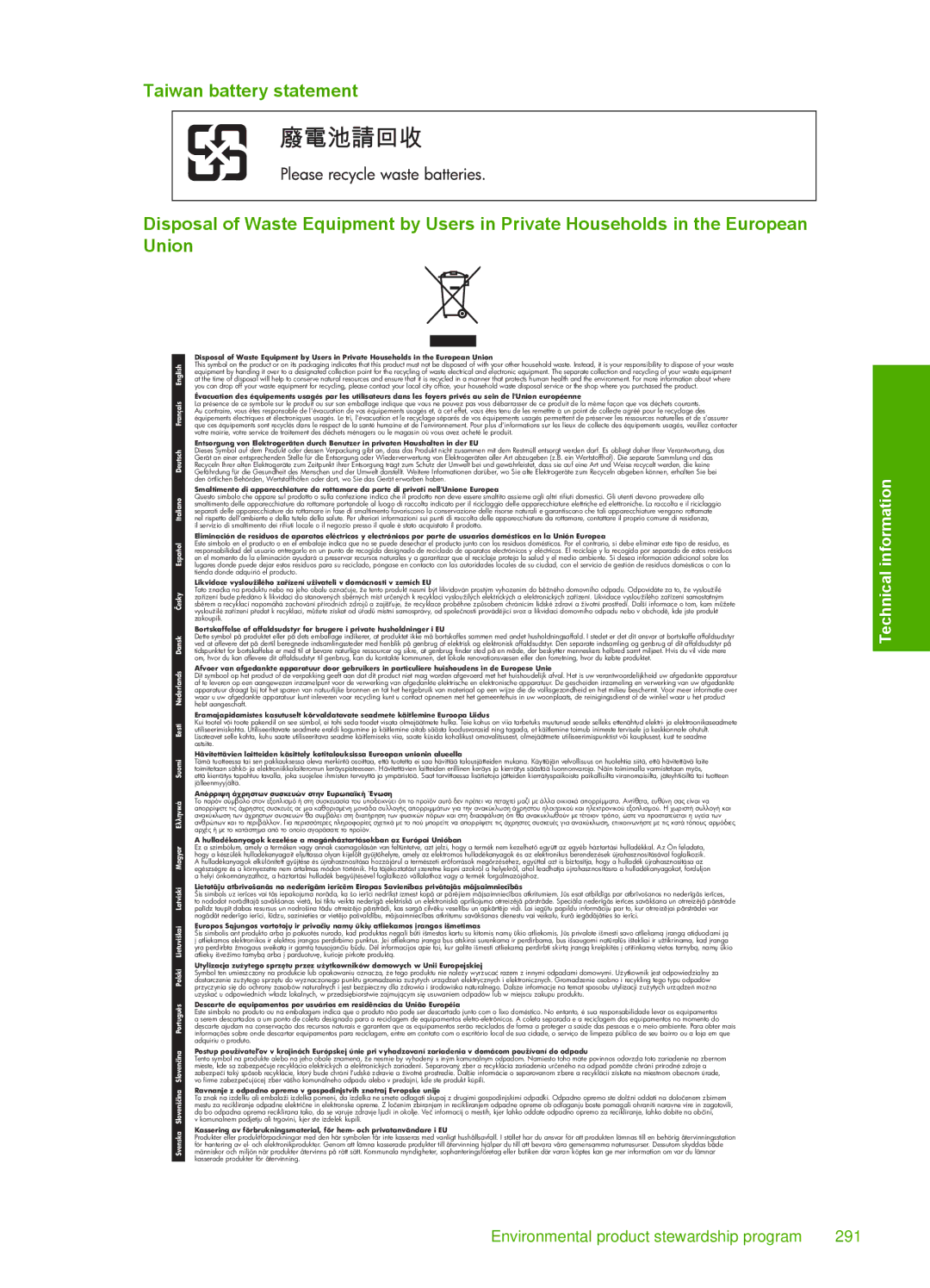 HP C7288, C7250, C7280 manual Environmental product stewardship program 291 