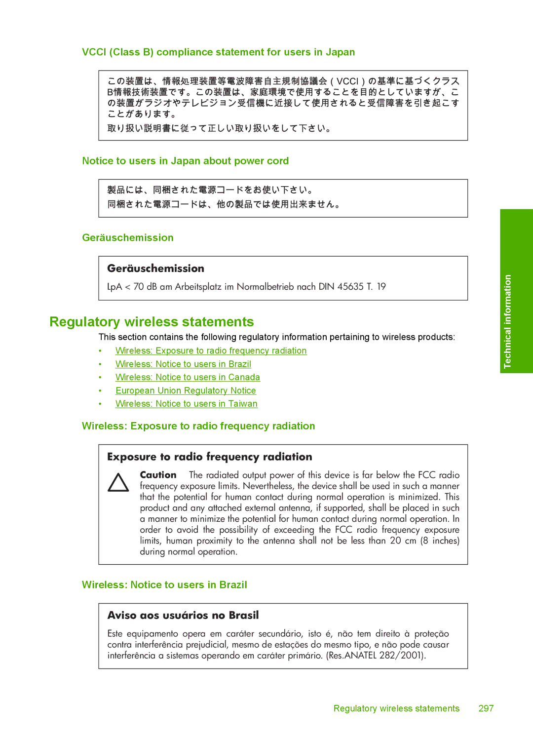 HP C7288, C7250, C7280 manual Wireless Exposure to radio frequency radiation, Wireless Notice to users in Brazil 