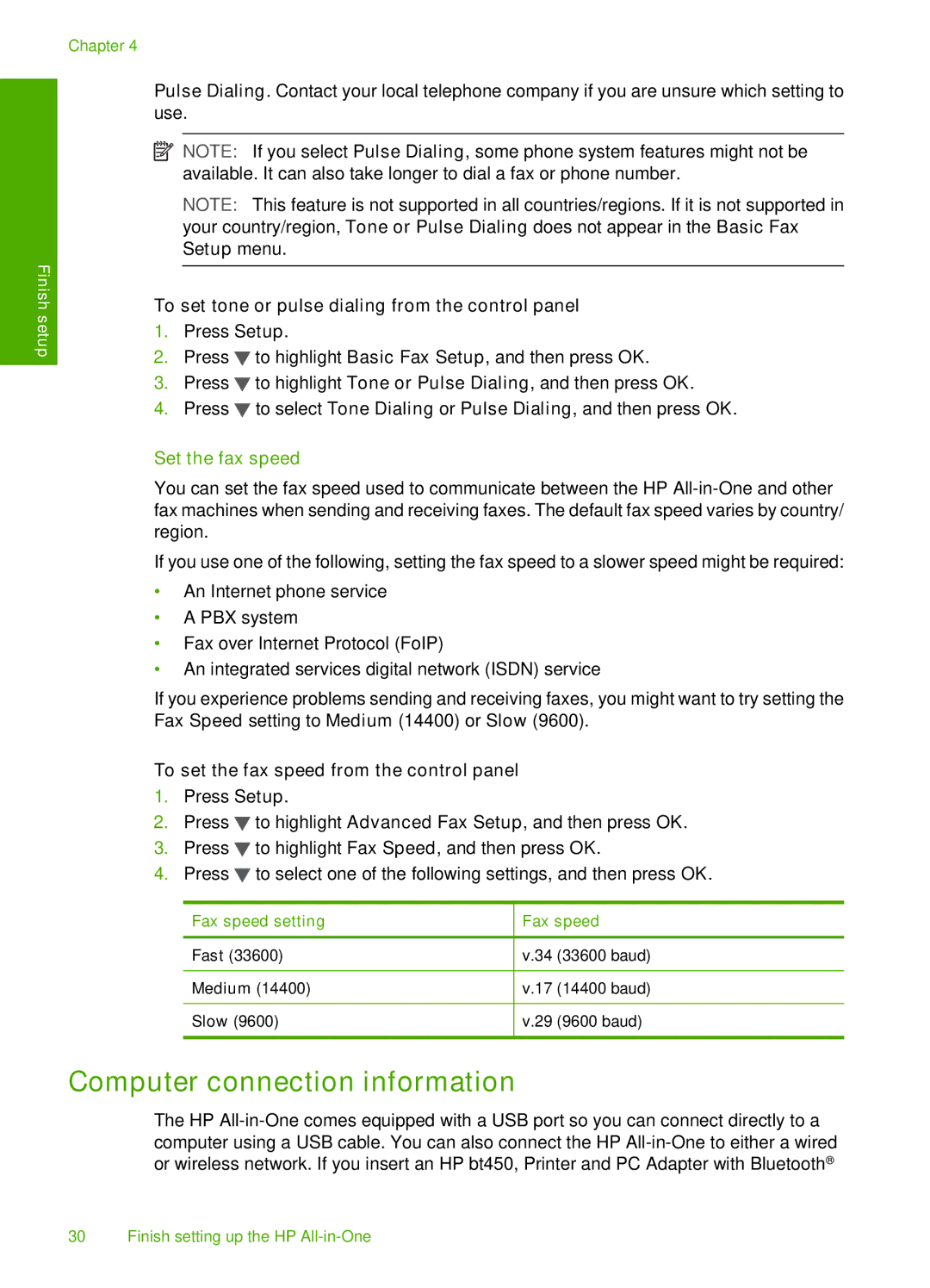 HP C7288, C7250 Computer connection information, To set tone or pulse dialing from the control panel, Set the fax speed 