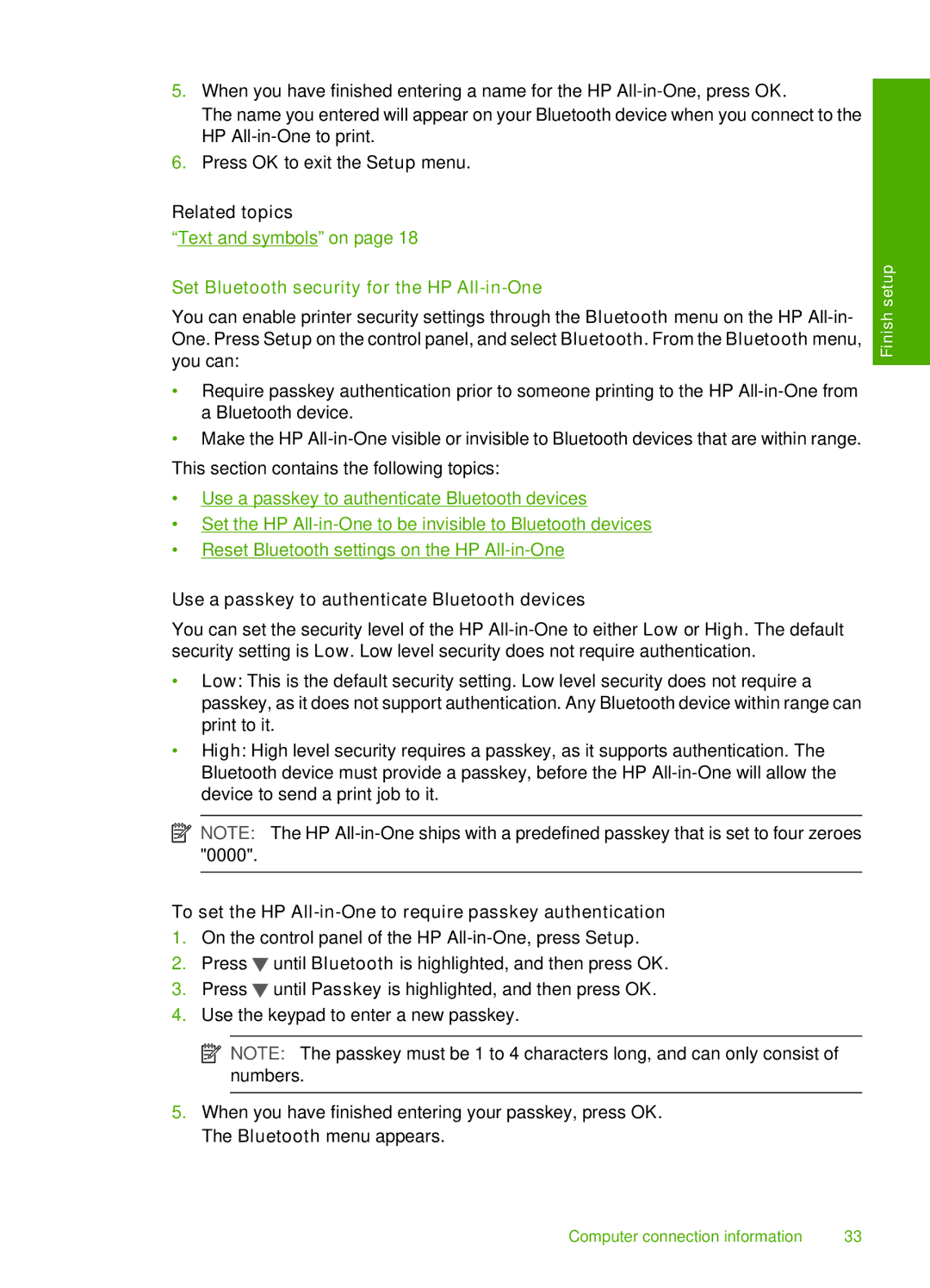 HP C7288, C7250, C7280 manual Text and symbols on, Set Bluetooth security for the HP All-in-One 