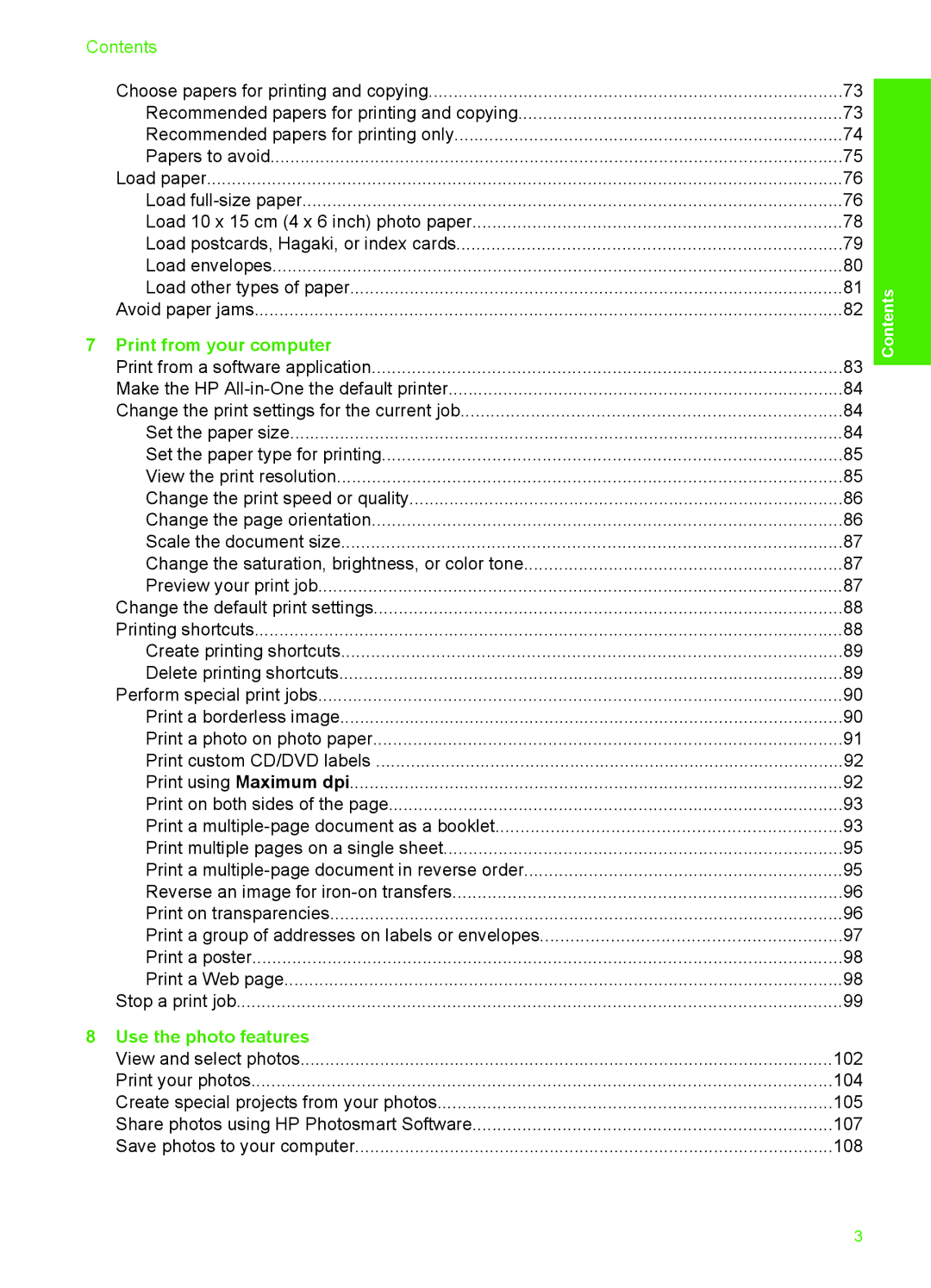 HP C7288, C7250, C7280 manual Contents, Print from your computer, Use the photo features 
