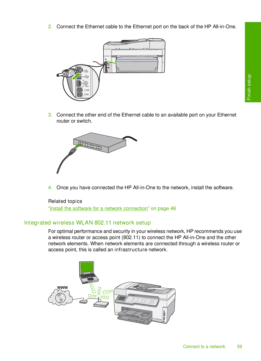 HP C7288, C7250, C7280 manual Integrated wireless Wlan 802.11 network setup, Install the software for a network connection on 