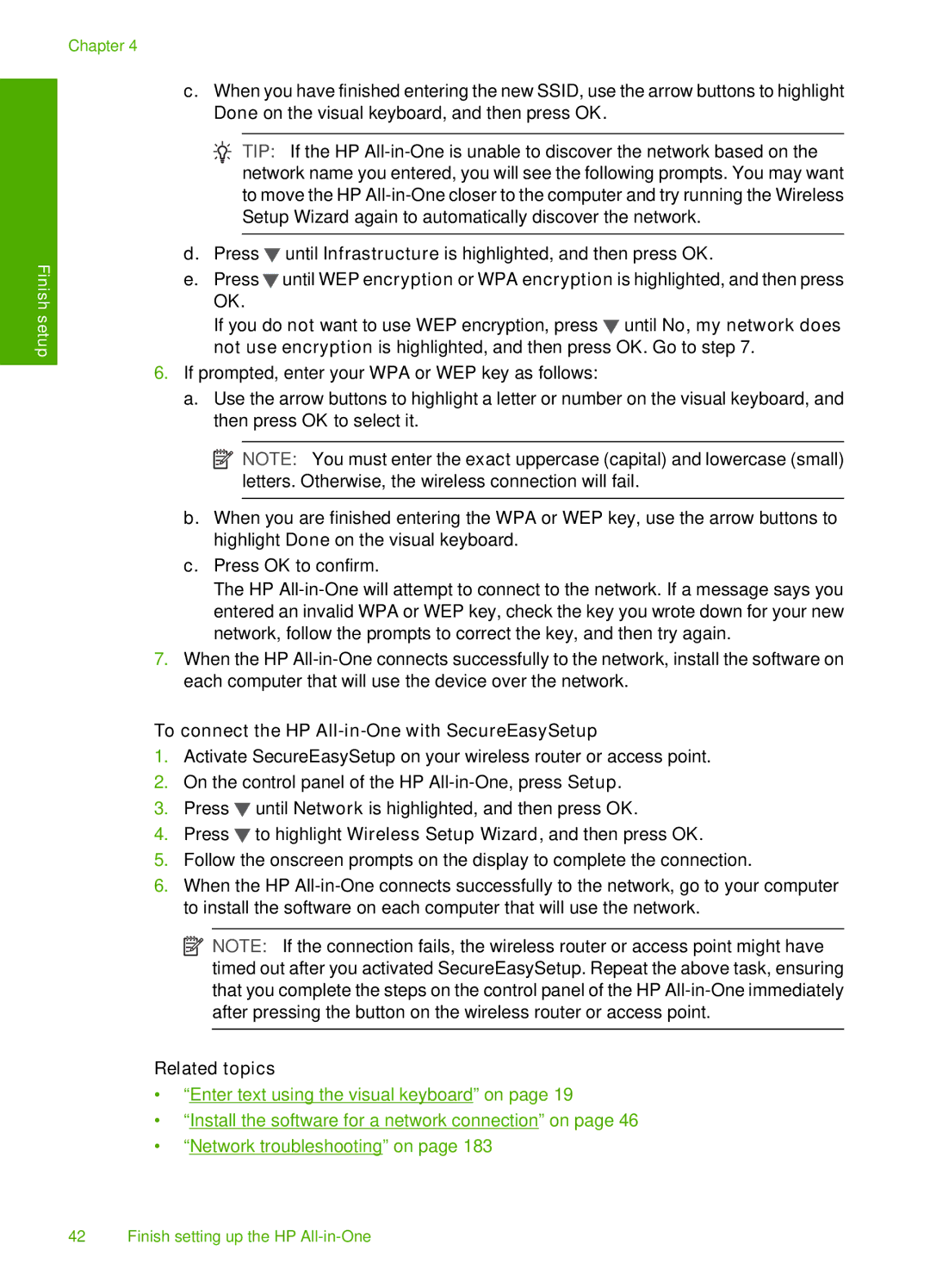 HP C7288, C7250, C7280 manual To connect the HP All-in-One with SecureEasySetup, Related topics 