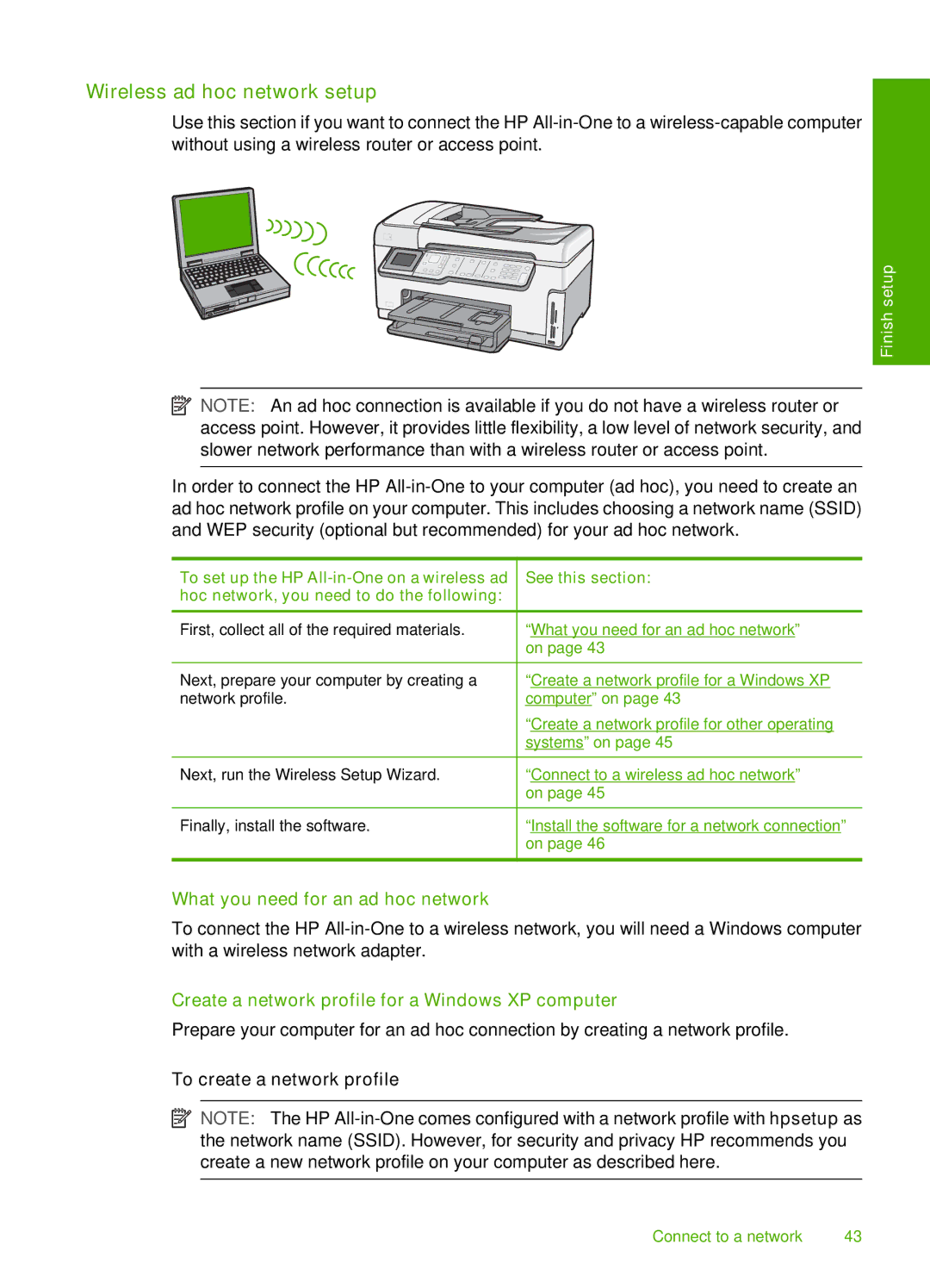 HP C7280, C7250, C7288 manual Wireless ad hoc network setup, What you need for an ad hoc network, To create a network profile 