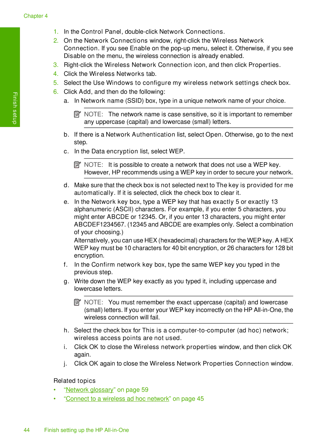 HP C7250, C7288, C7280 manual Network glossary on Connect to a wireless ad hoc network on 