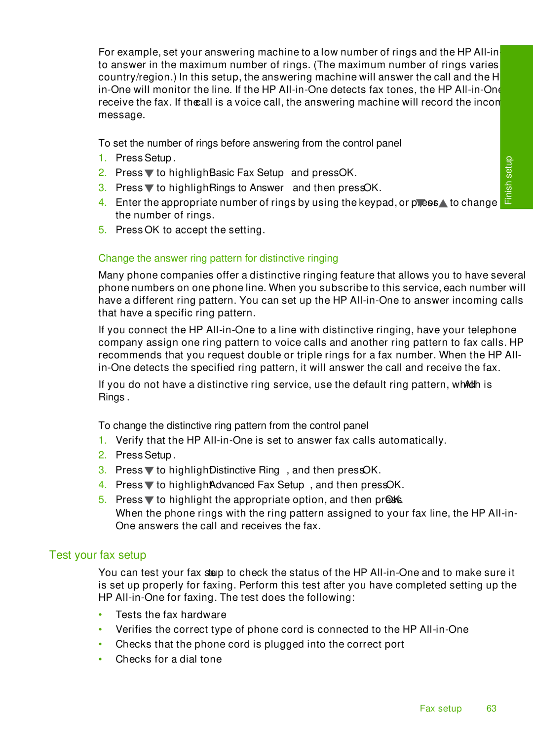 HP C7288, C7250, C7280 manual Test your fax setup, Change the answer ring pattern for distinctive ringing 