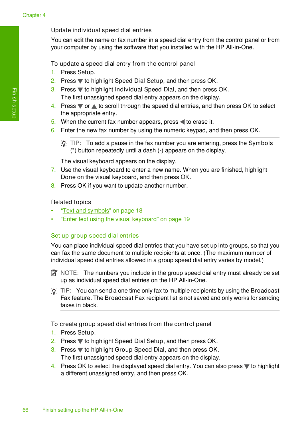 HP C7288, C7250, C7280 manual Update individual speed dial entries, To update a speed dial entry from the control panel 