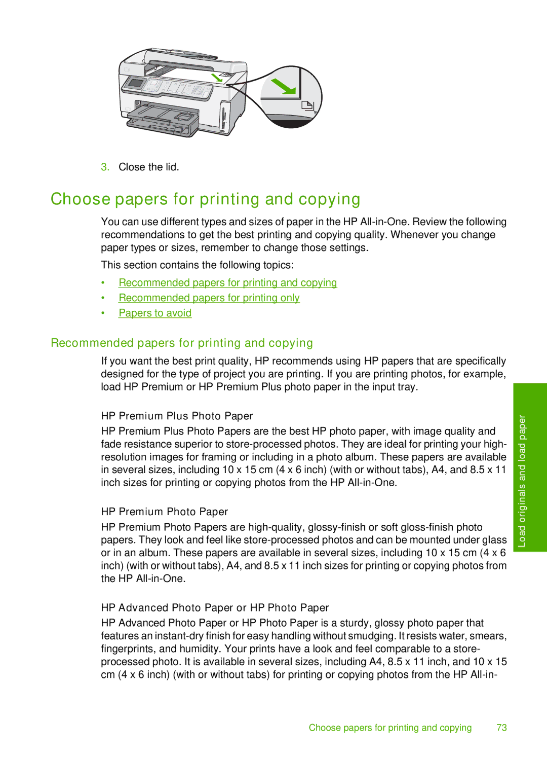 HP C7280 Choose papers for printing and copying, Recommended papers for printing and copying, HP Premium Plus Photo Paper 